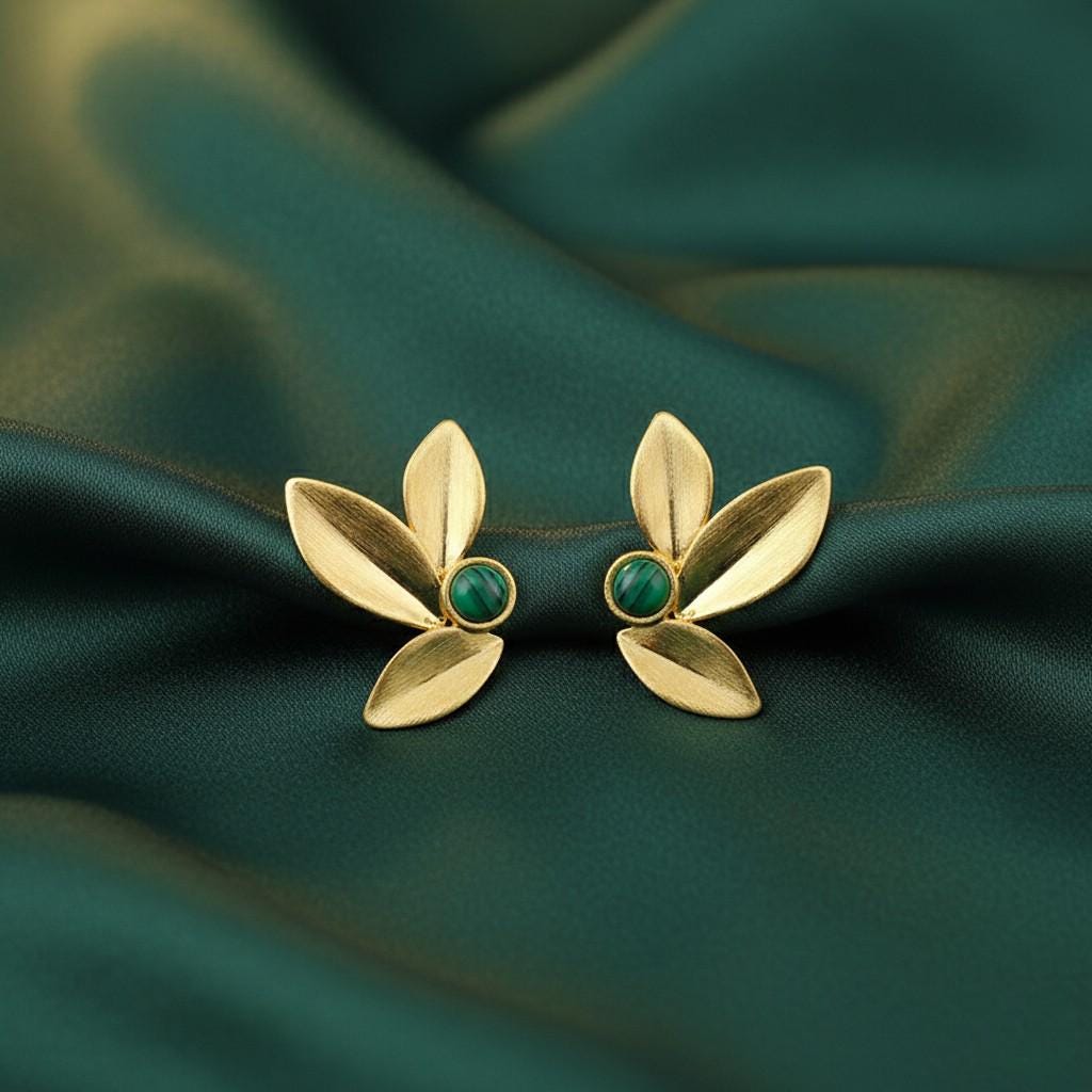 Sunlit Forest Gold Leaf Stud Earrings – 18K Gold Plated Leaf Earrings with Green Stone