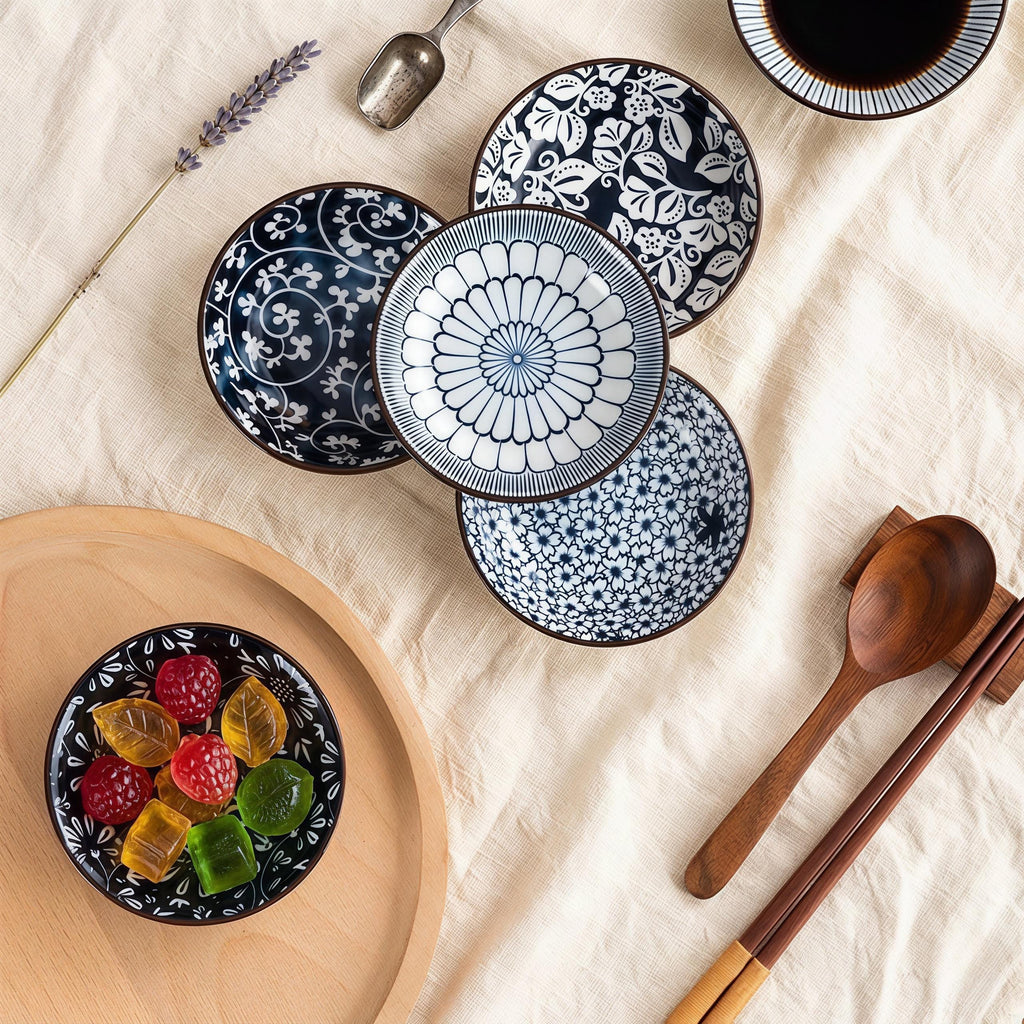 Blue & White Japanese Sauce Dishes Set of 6 | 4.1" Ceramic Dipping Bowl | Floral Pattern Dish
