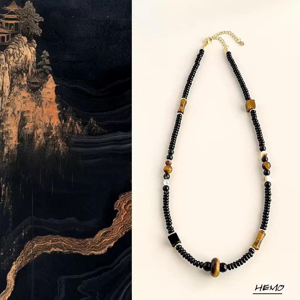 Black Wukong Inspired Beaded Necklace – Tiger’s Eye, Obsidian & Liuli Glass Necklace