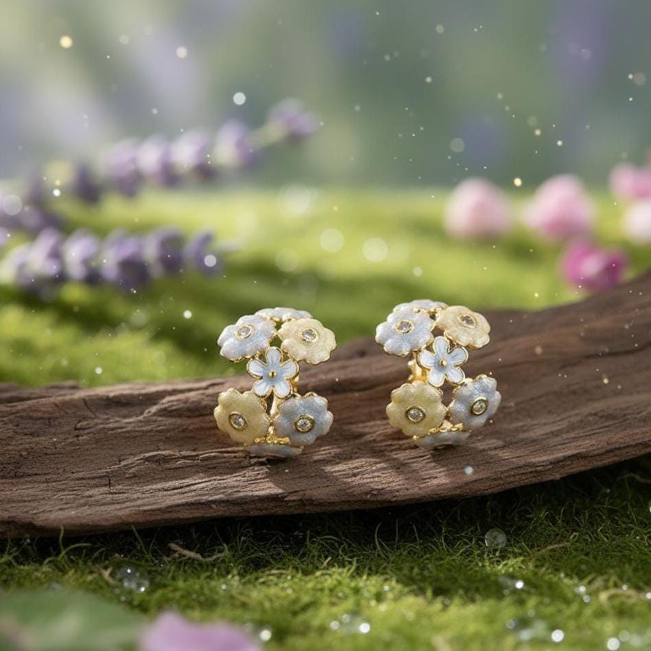 Monet’s Bouquet Earrings | Hand-Enamelled Pastel Flower Cluster Studs | Cottagecore Forget Me Not Jewelry