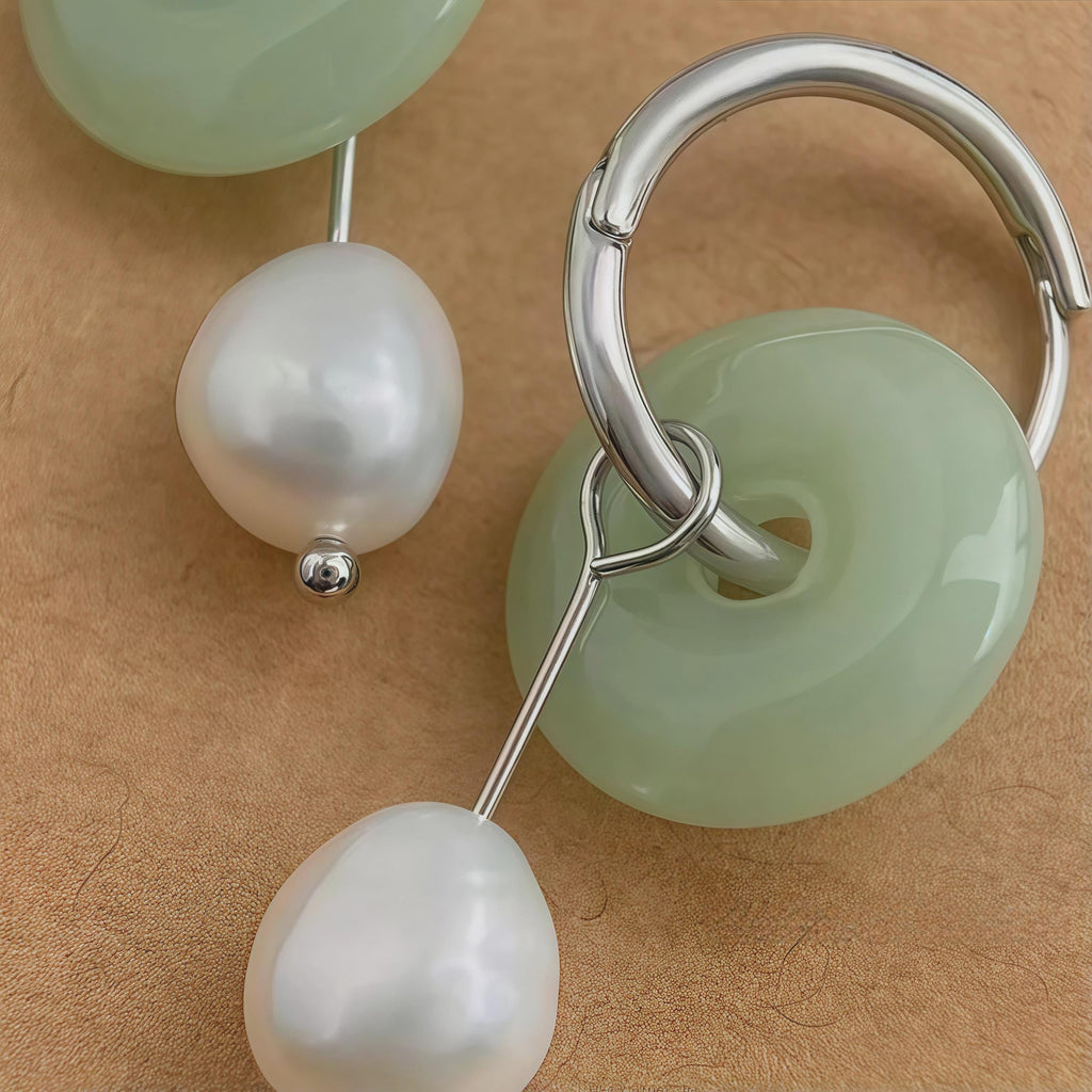 Lotus Mist Earrings – Handmade Green Glass & Freshwater Pearl Hoop Earrings