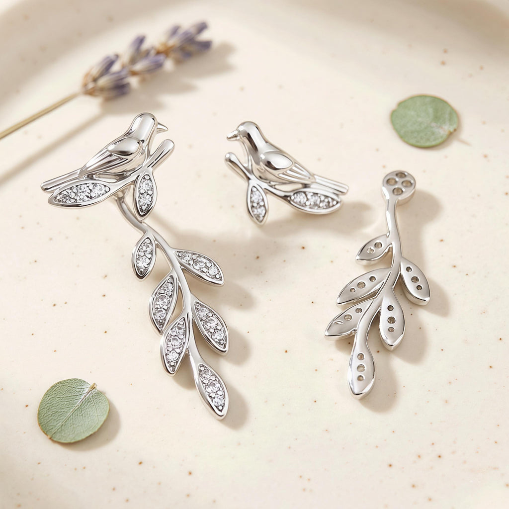 Silver Bird Branch Dangle Earrings – CZ Leaf Drop Earrings
