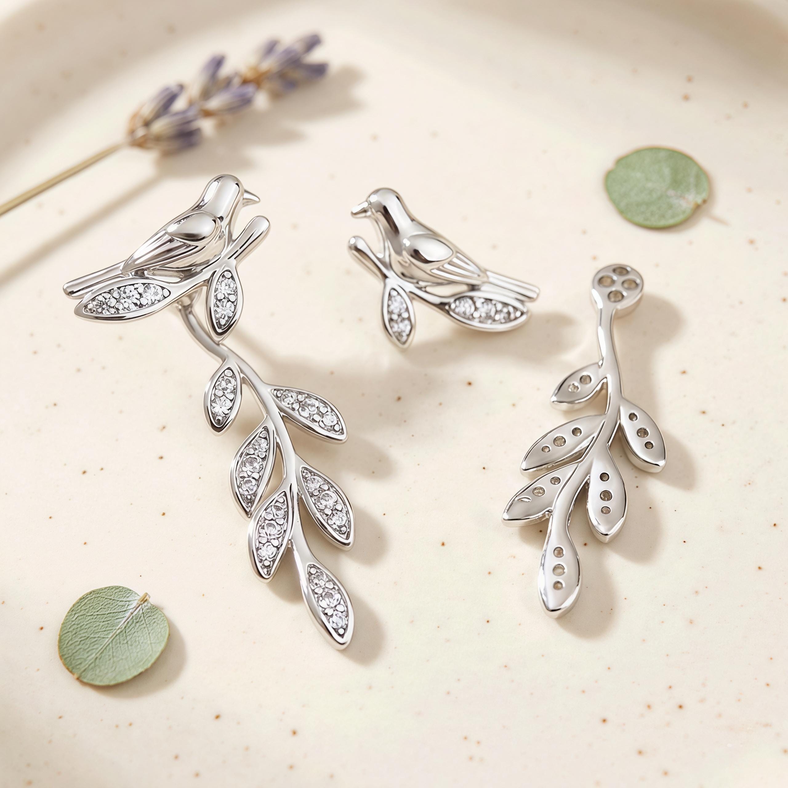 Silver Bird Branch Dangle Earrings – CZ Leaf Drop Earrings