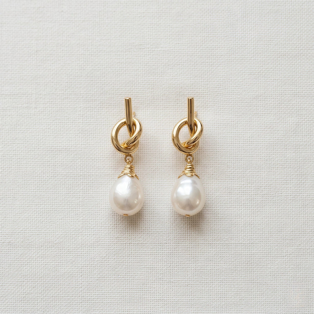 Minimalist Pearl Drop Earrings – Gold Knot Studs with Freshwater Pearl