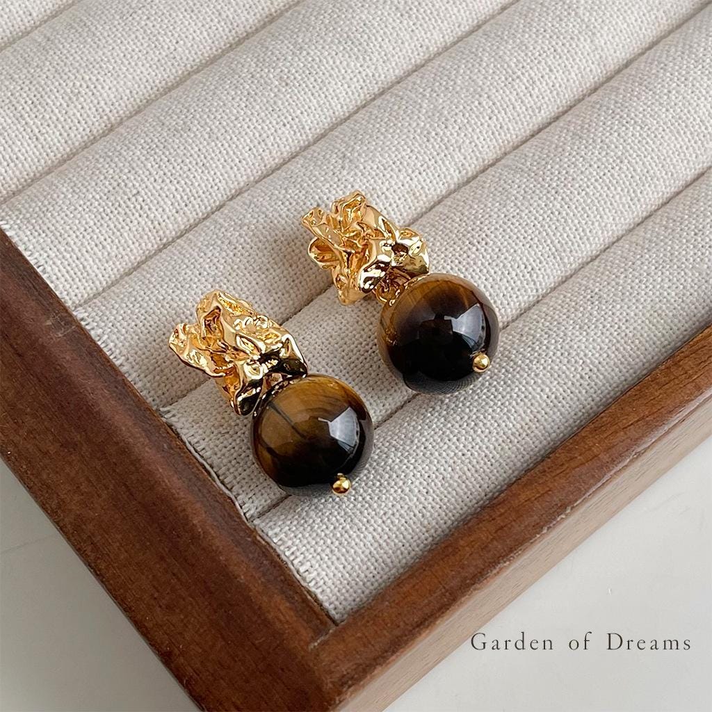 Tiger’s Eye Brass Earrings – Sculptural Gold Plated Statement Earrings