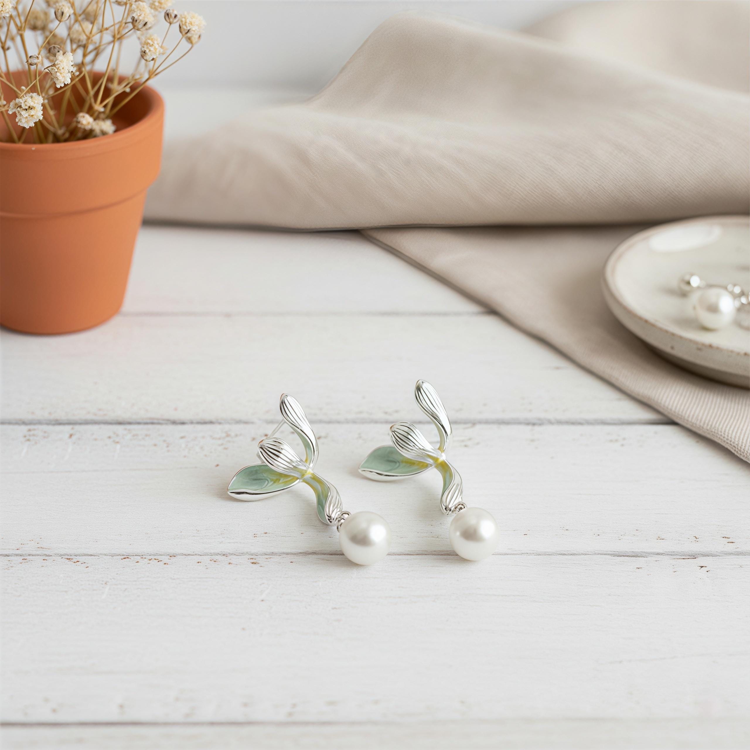 Gradient Green Orchid Dangle Earrings – Enamel Flower Earrings with Pearl Drops