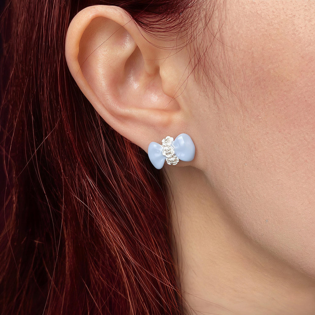Blue Bow Flower Earrings – Enamel Zircon Studs & Clip On – 18K Gold Plated Ribbon Jewelry