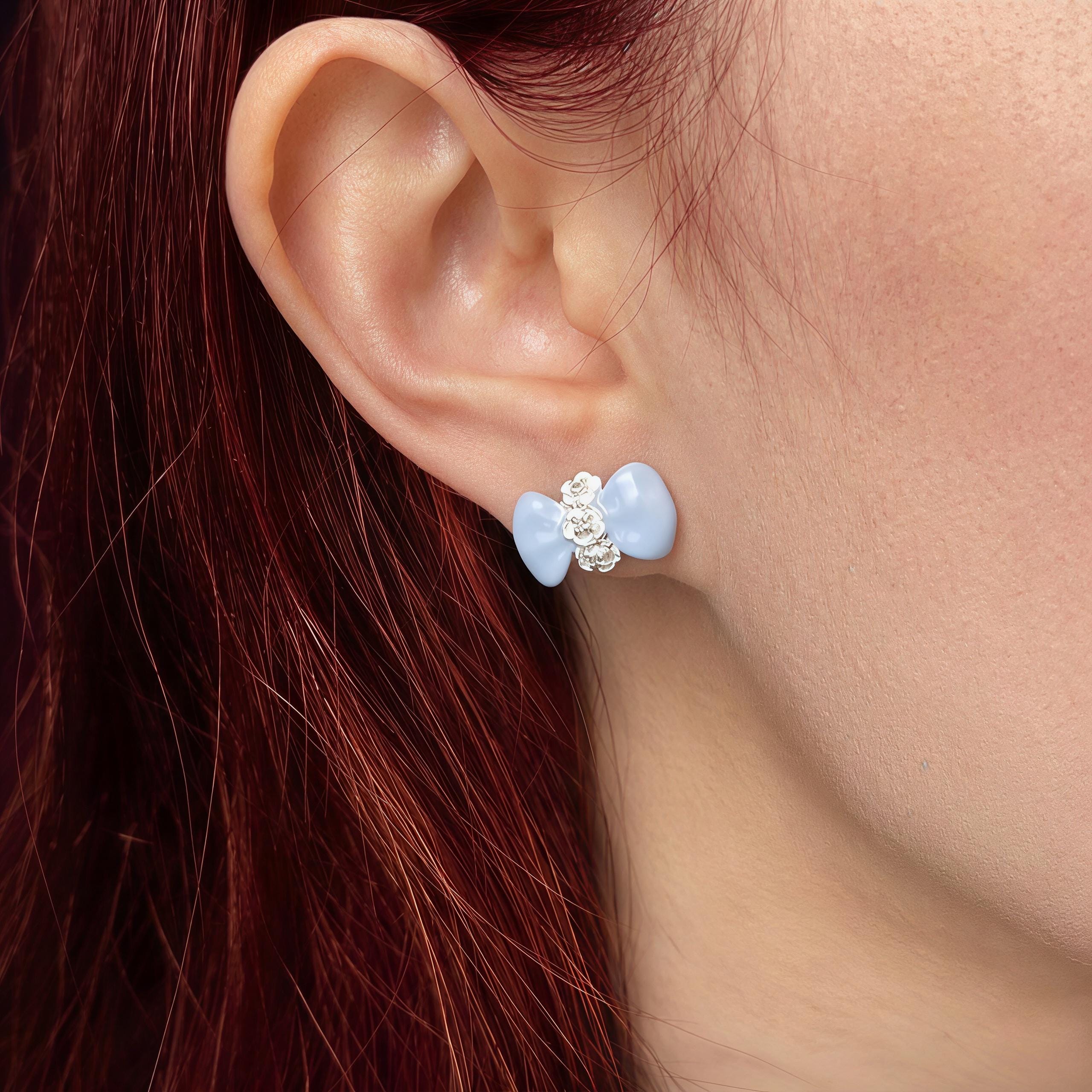 Blue Bow Flower Earrings – Enamel Zircon Studs & Clip On – 18K Gold Plated Ribbon Jewelry