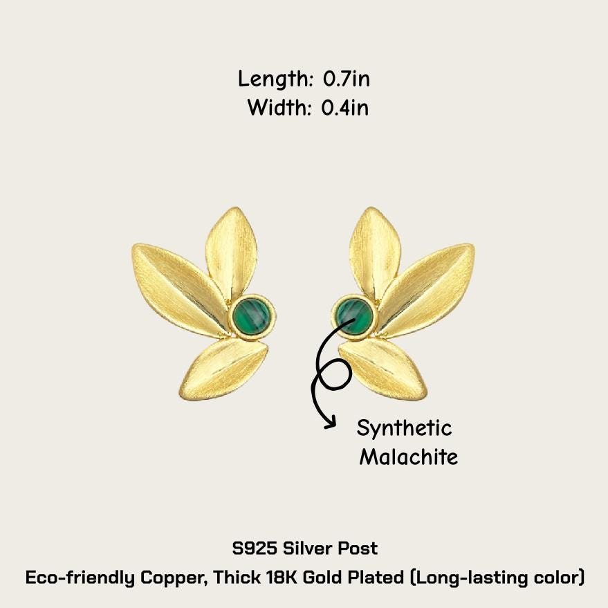 Sunlit Forest Gold Leaf Stud Earrings – 18K Gold Plated Leaf Earrings with Green Stone