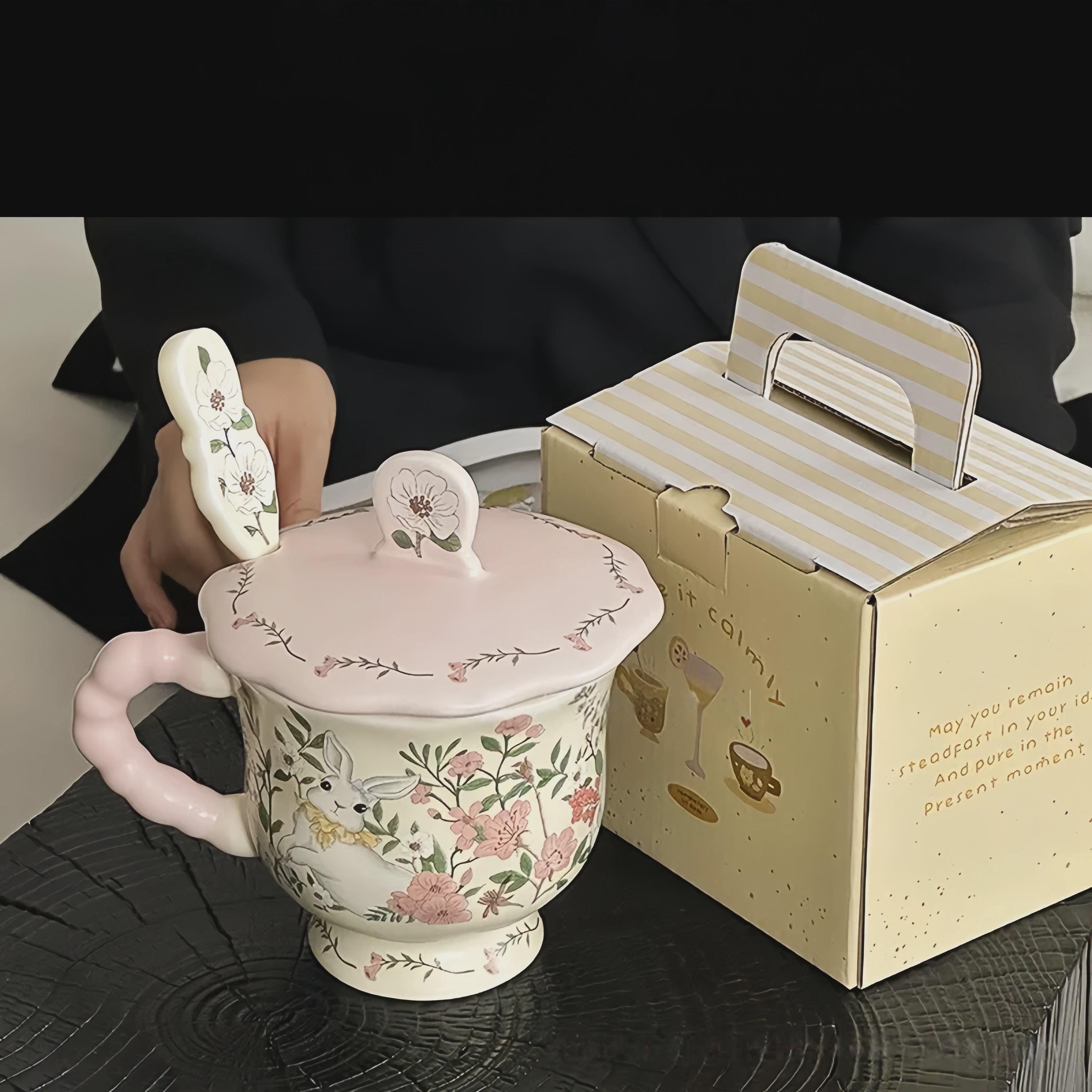 Cottagecore Bunny Mug Set | Hand-Painted Floral Ceramic Coffee Cup