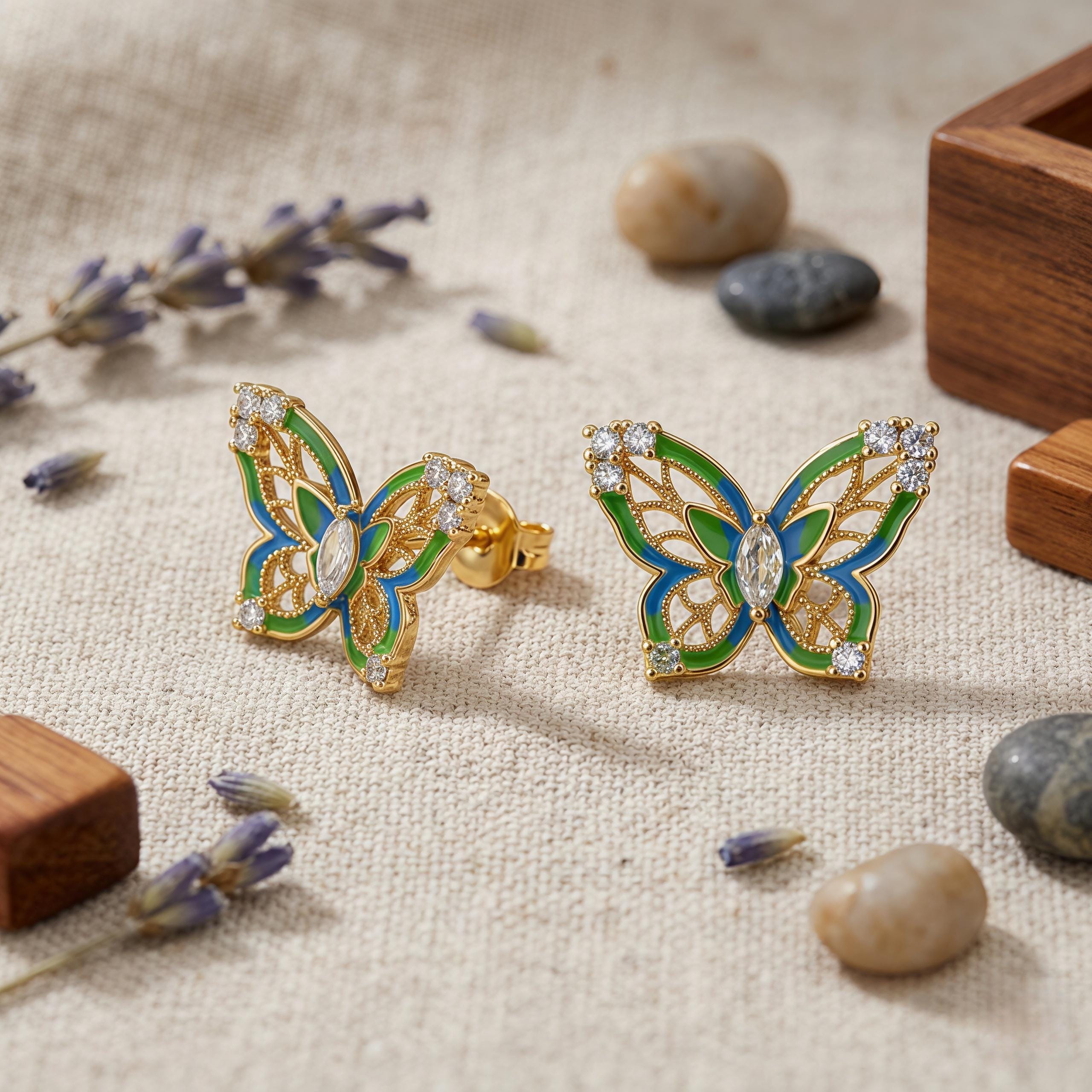 Enamel Butterfly Earrings – Vintage French Style Jewelry – Designer Gift