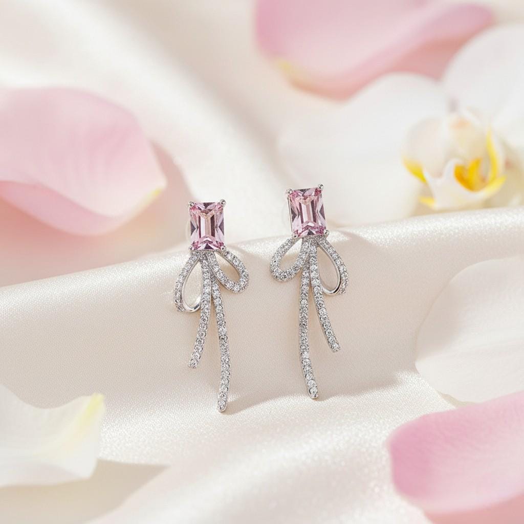 Pink Zircon Bow Earrings – Romantic Bow Drop Earrings