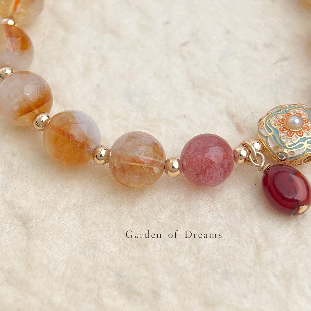 Golden Rutilated Quartz & Strawberry Quartz Bracelet - Guardian Collection | Healing Crystal Stretch