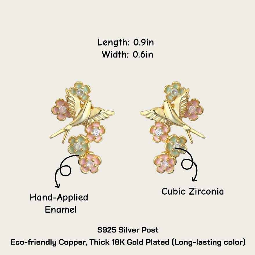 Gold Swallow Earrings – Enamel Cherry Blossom & Zircon Bird Earrings