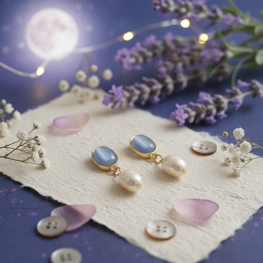Moonlight Serenade Earrings – Gold Plated Blue Cat’s Eye Glass & Freshwater Pearl Earrings