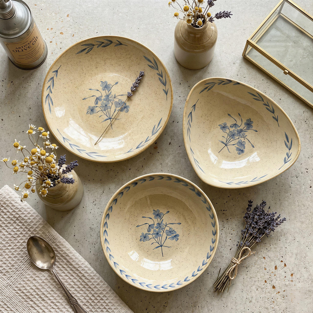 Rustic Ceramic Bowl Set | Vintage Farmhouse Dinnerware | Blue Floral Serving Bowl