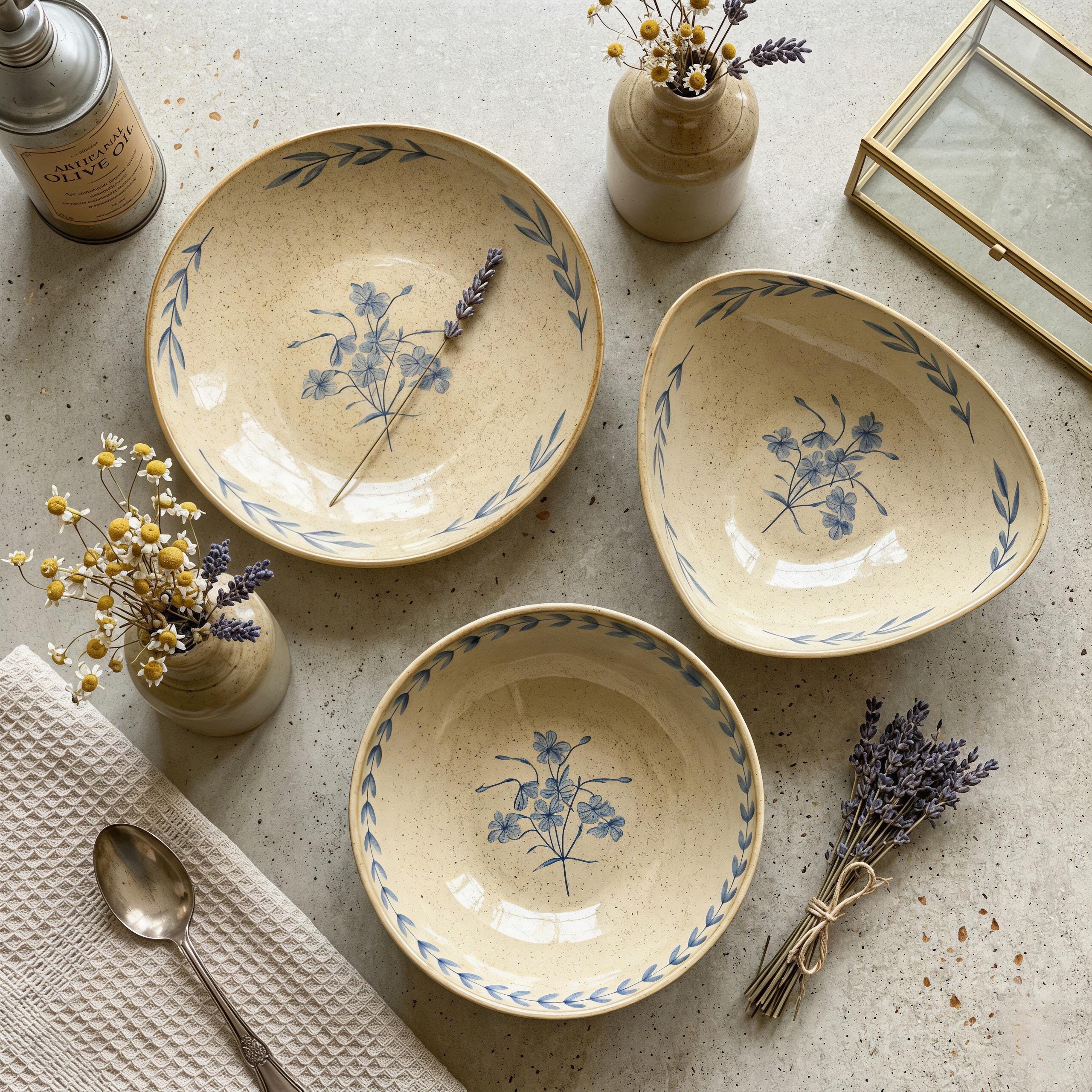 Rustic Ceramic Bowl Set | Vintage Farmhouse Dinnerware | Blue Floral Serving Bowl