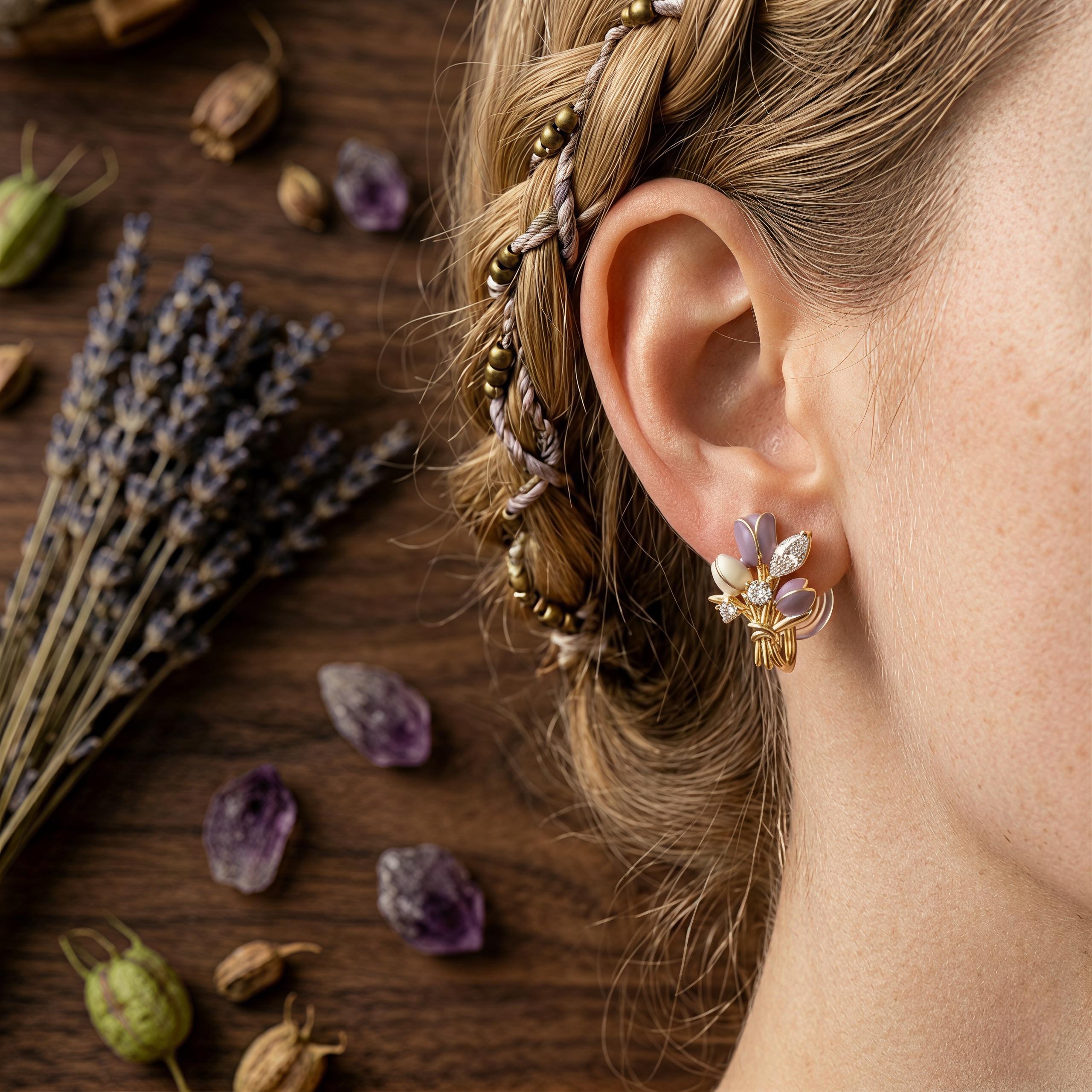 Purple Tulip Bouquet Stud Earrings – Enamel Flower & Zirconia, 18K Gold Plated Floral Jewelry