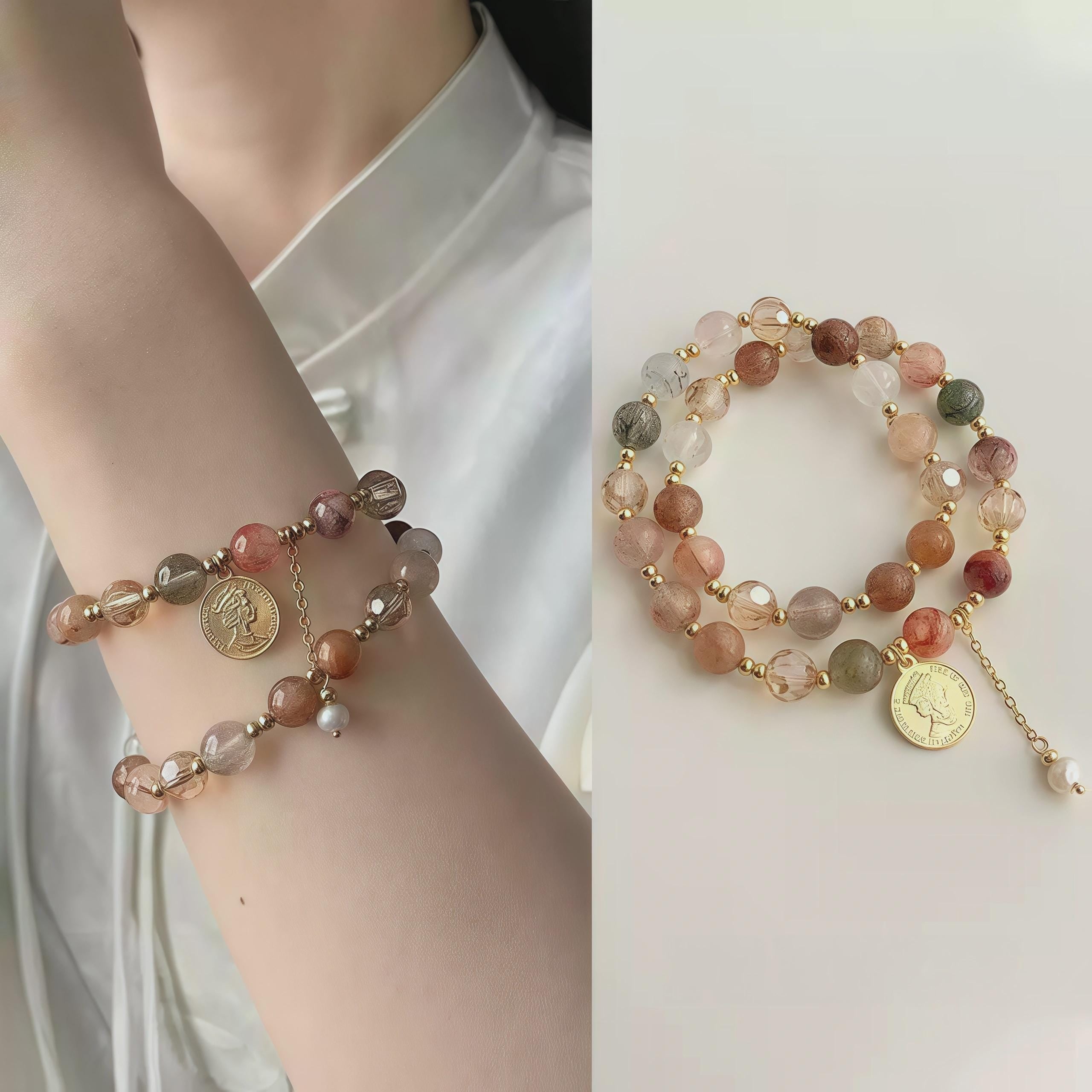 Pearl & Black Rutilated Quartz Bracelet – Natural Crystal Bracelet for Balance, Protection & Calm