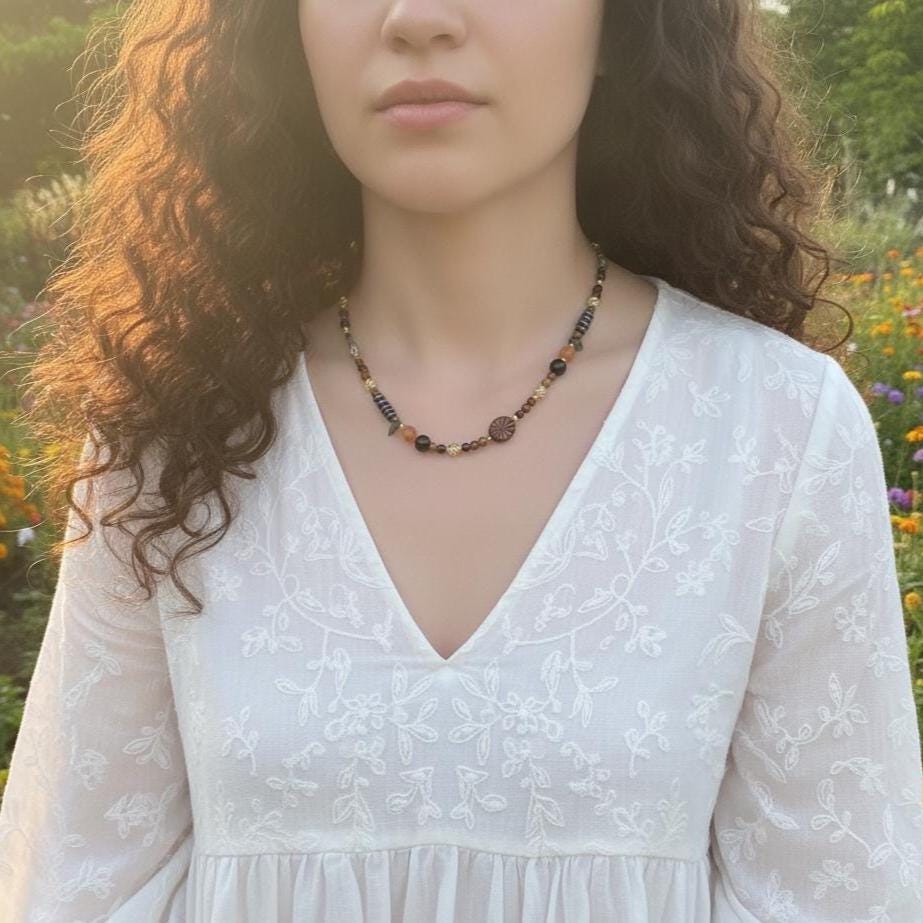 Tiger’s Eye & Black Agate Beaded Necklace – Handmade Gemstone Necklace