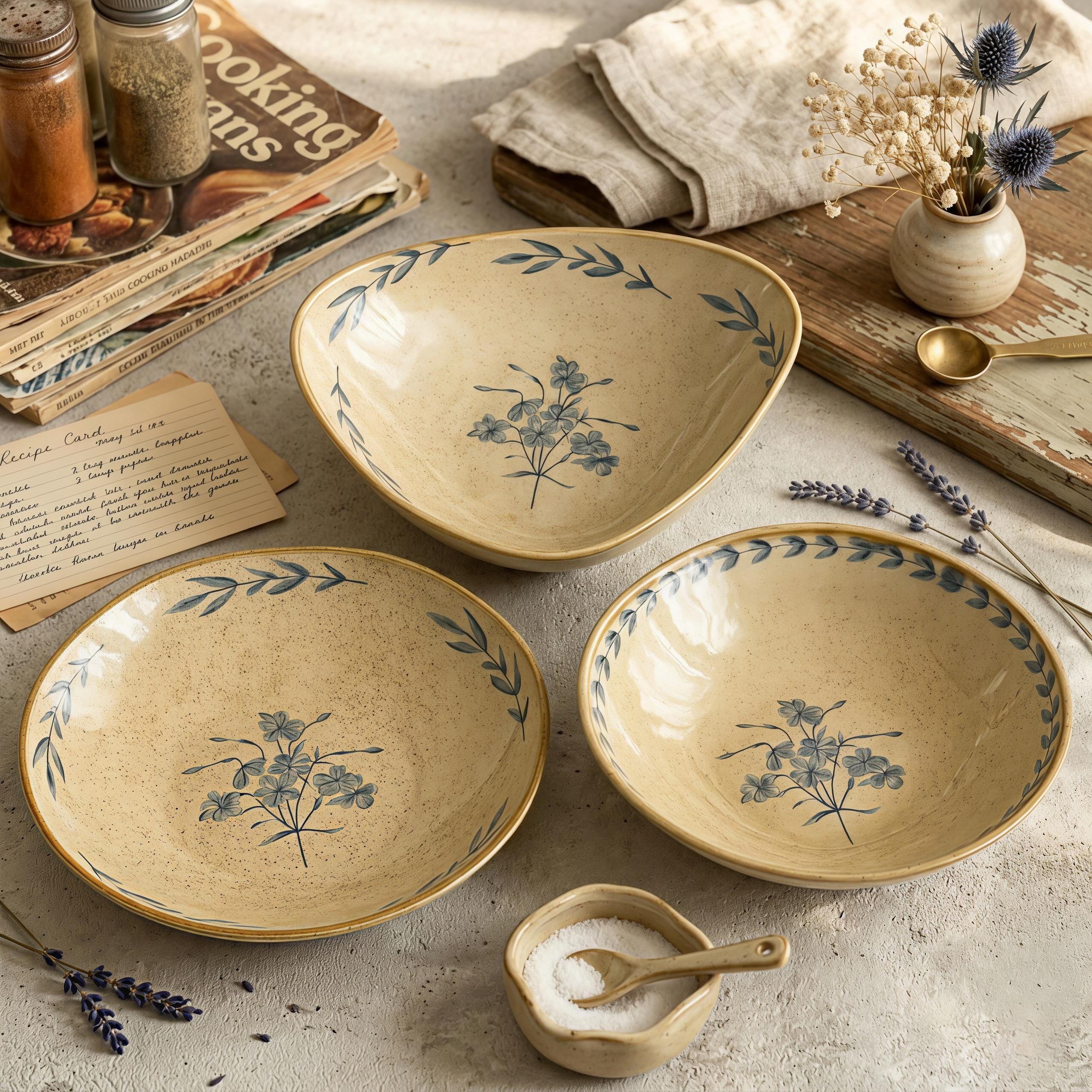 Rustic Ceramic Bowl Set | Vintage Farmhouse Dinnerware | Blue Floral Serving Bowl