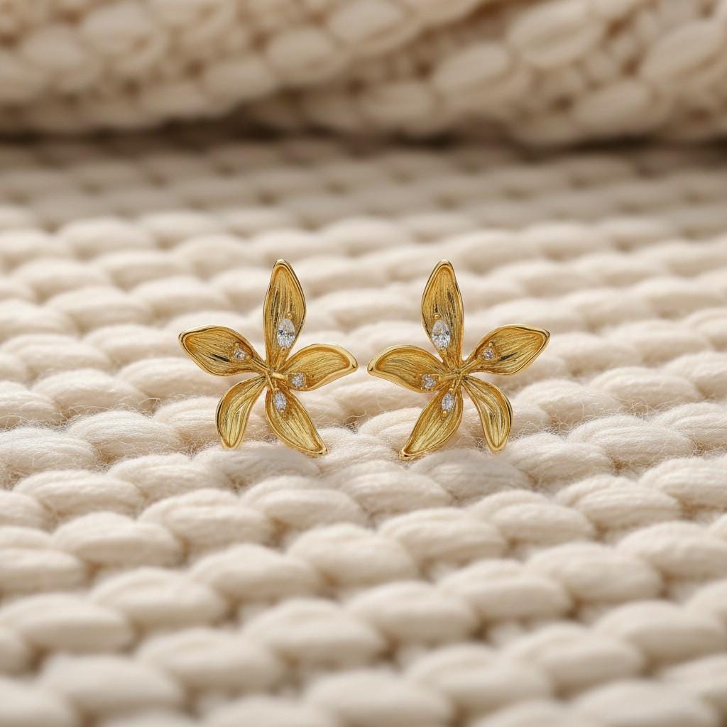 Morning Bloom Gold Flower Stud Earrings – 18K Gold Plated Floral Earrings, CZ Dew Drop Earrings