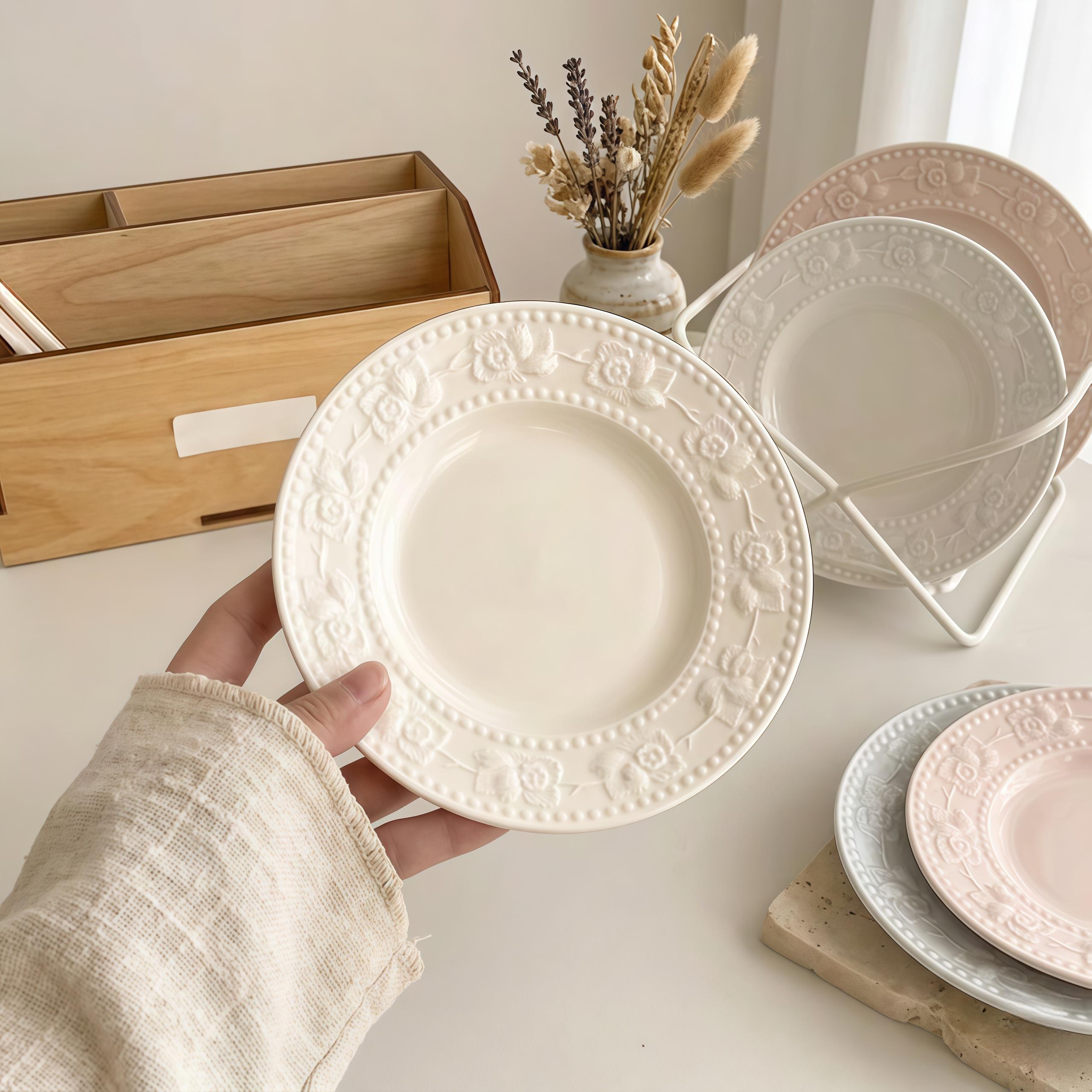 Embossed Floral Ceramic Dessert Plate | Vintage French Style Snack Dish