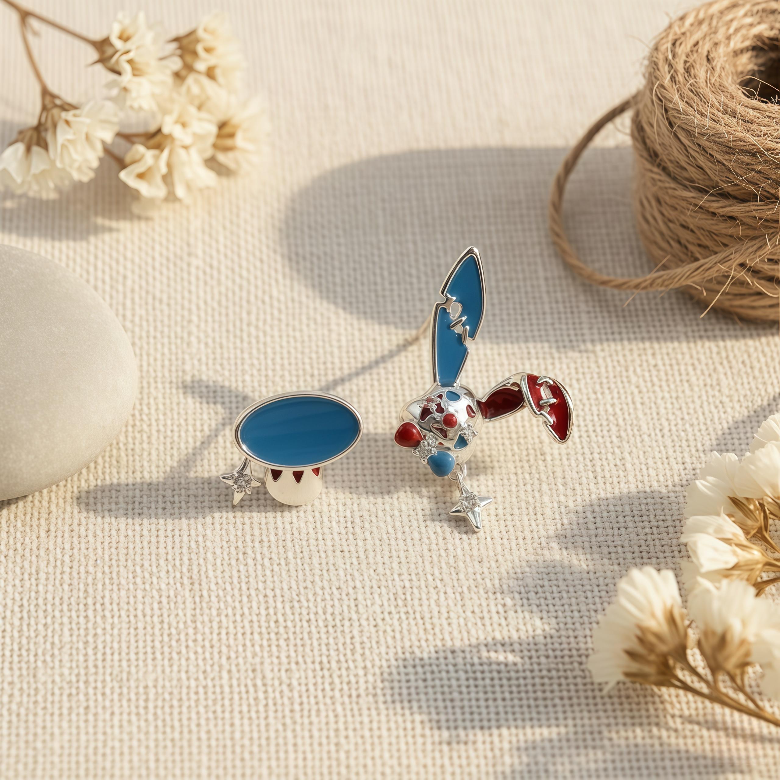 Mad Hatter Wonderland Earrings | Asymmetrical Red & Blue Enamel Studs | Rabbit and Hat Design