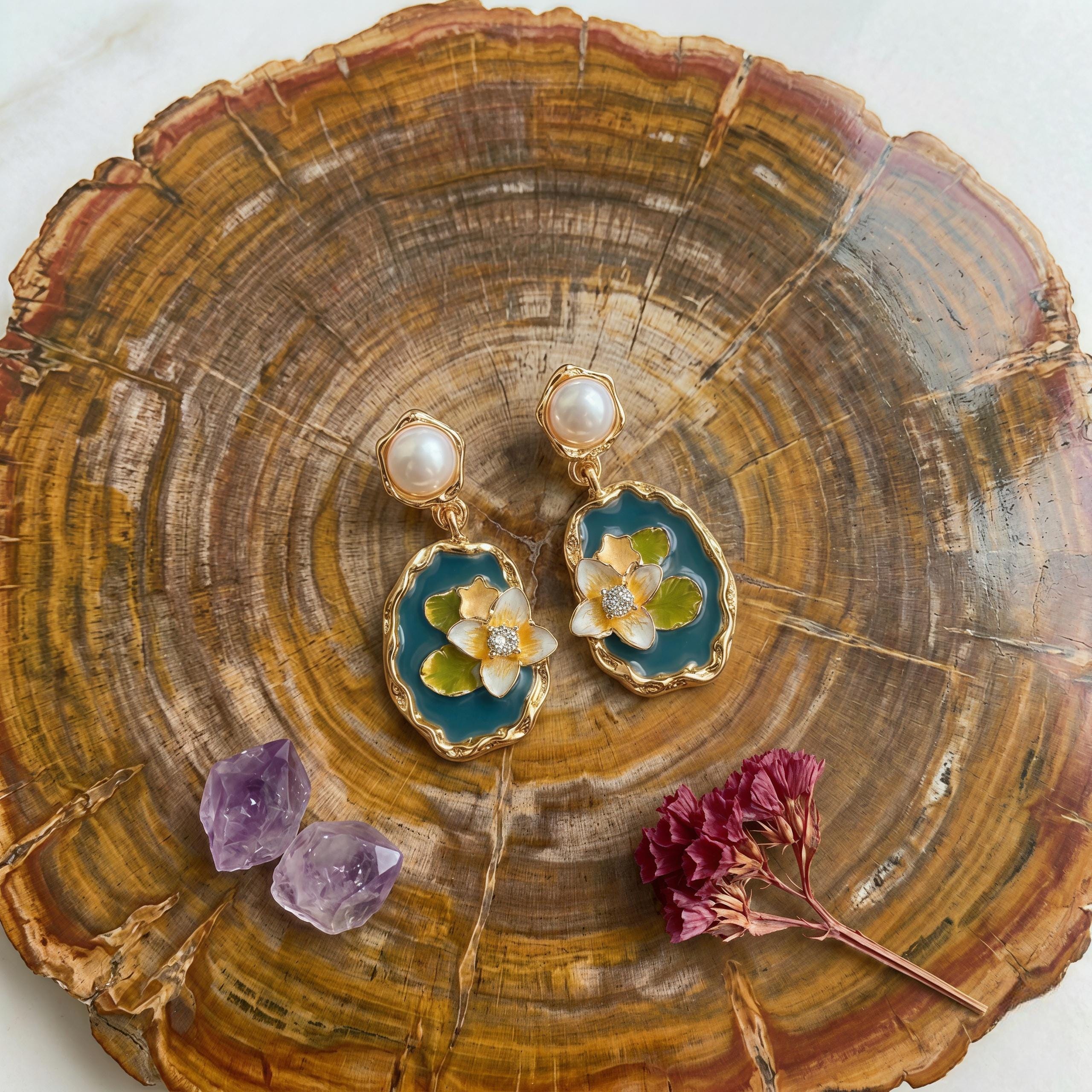 Monet Lotus Earrings – Enamel Floral Art Jewelry with Freshwater Pearl
