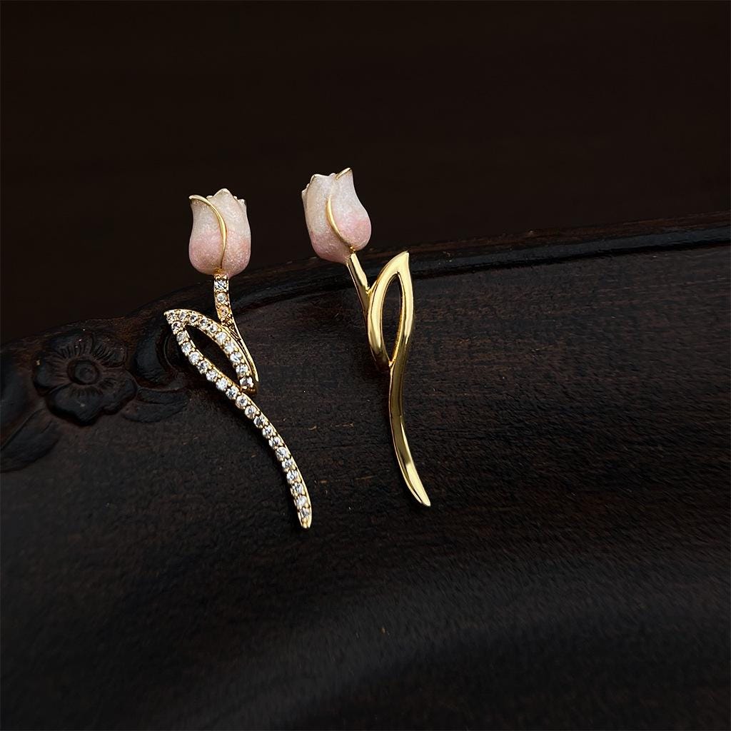 Gold Plated Pink Tulip Earrings – Asymmetrical Spring Flower Earrings