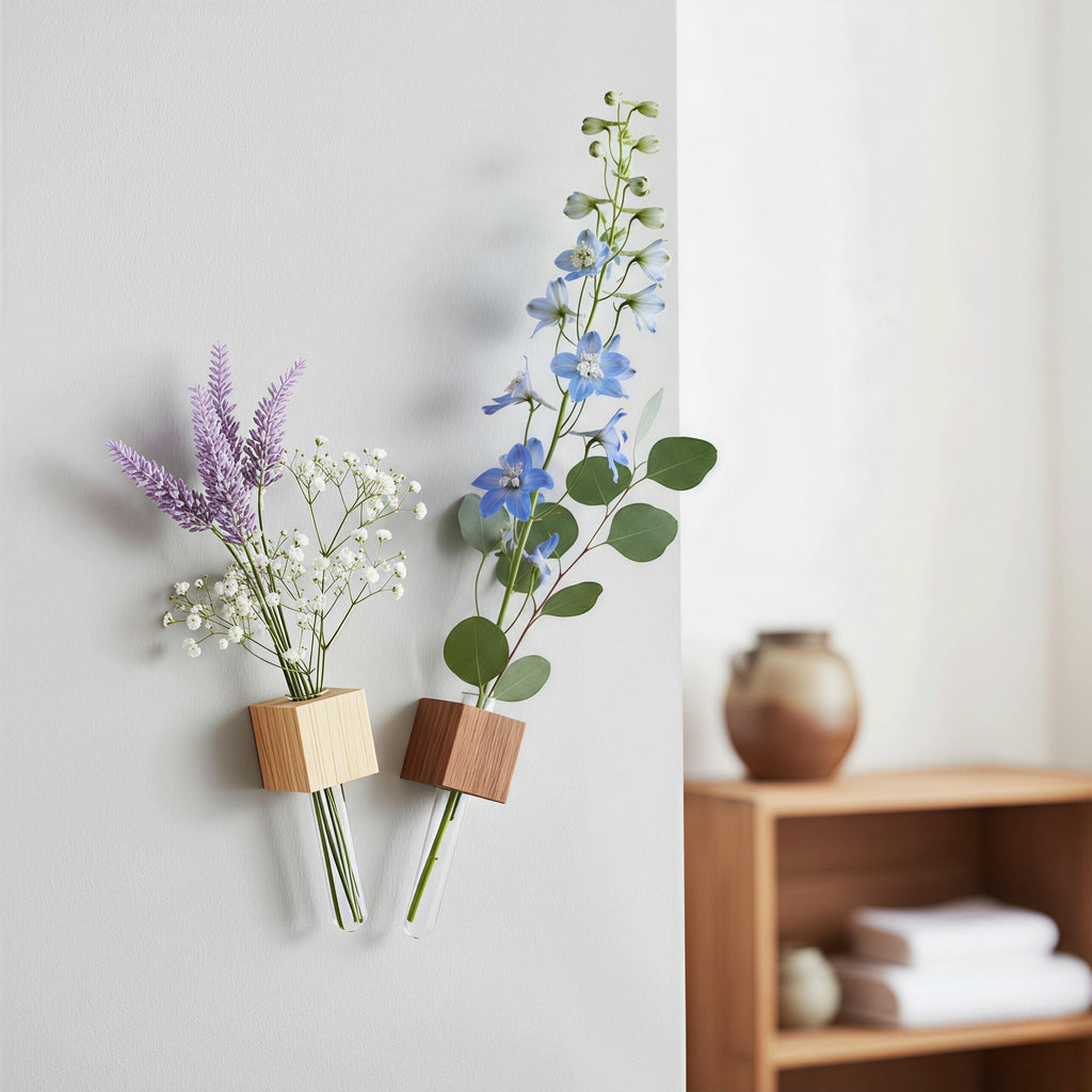 Minimalist Wood Propagation Tube | Magnetic and Adhesive Plant Holder | Walnut & Beech Bud Vase
