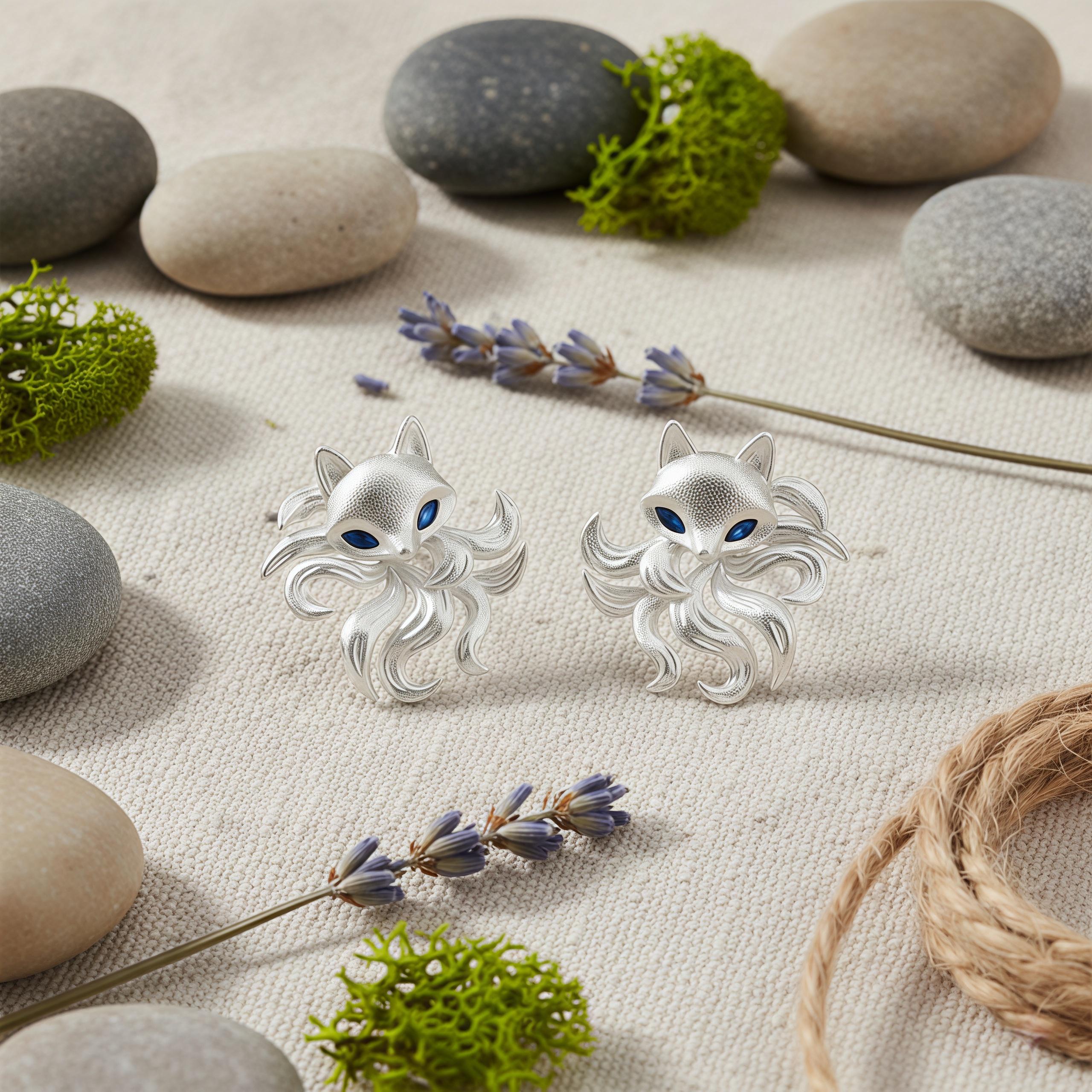 Matte Nine-Tailed Fox Stud Earrings – Silver Fox Earrings with Blue Zircon Eyes