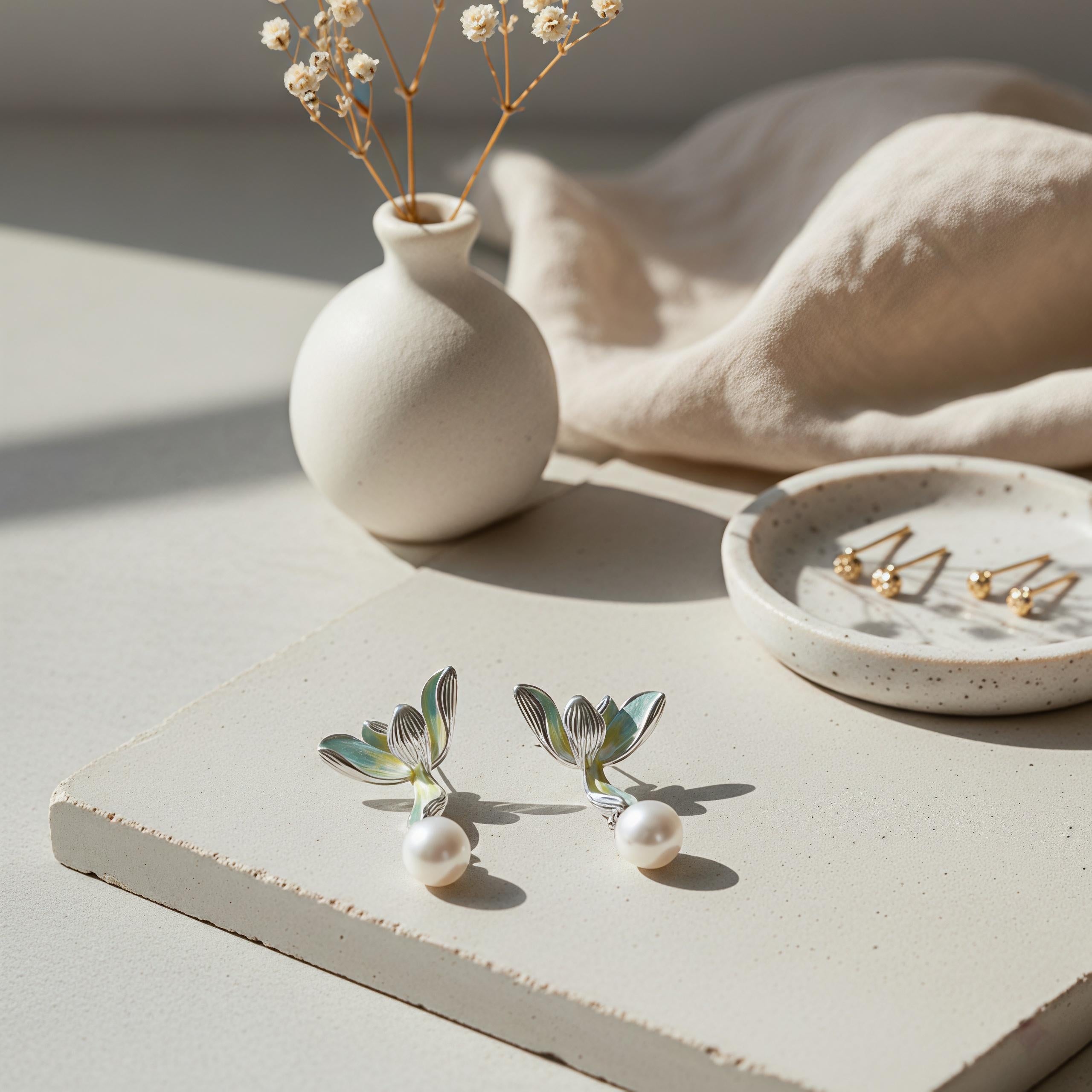 Gradient Green Orchid Dangle Earrings – Enamel Flower Earrings with Pearl Drops