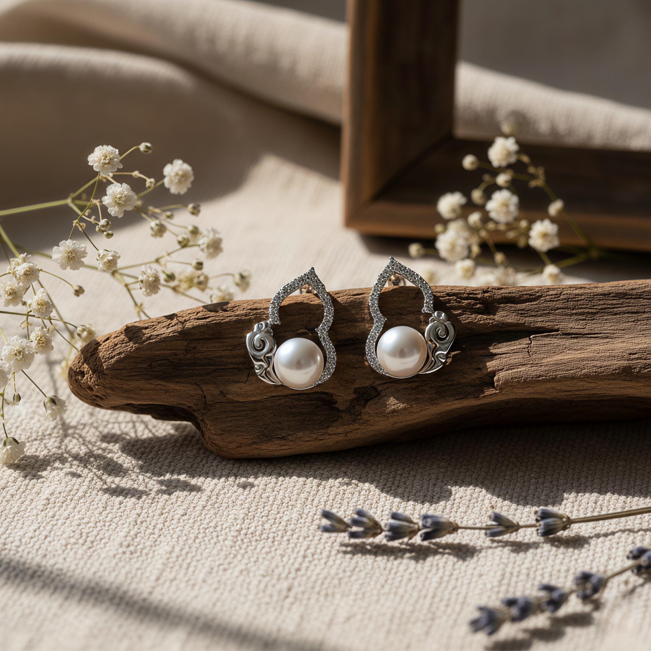 Freshwater Pearl Hulu Stud Earrings – Auspicious Cloud Gourd Earrings