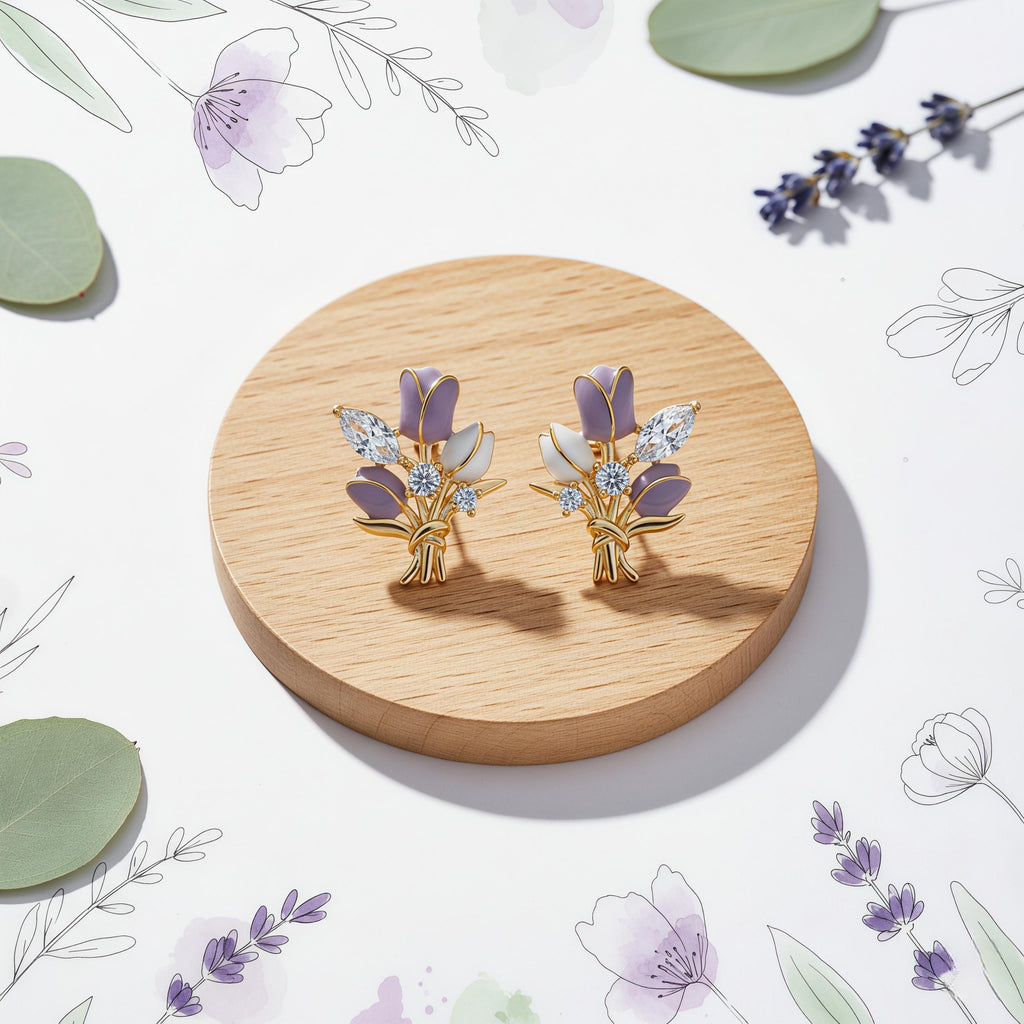 Purple Tulip Bouquet Stud Earrings – Enamel Flower & Zirconia, 18K Gold Plated Floral Jewelry