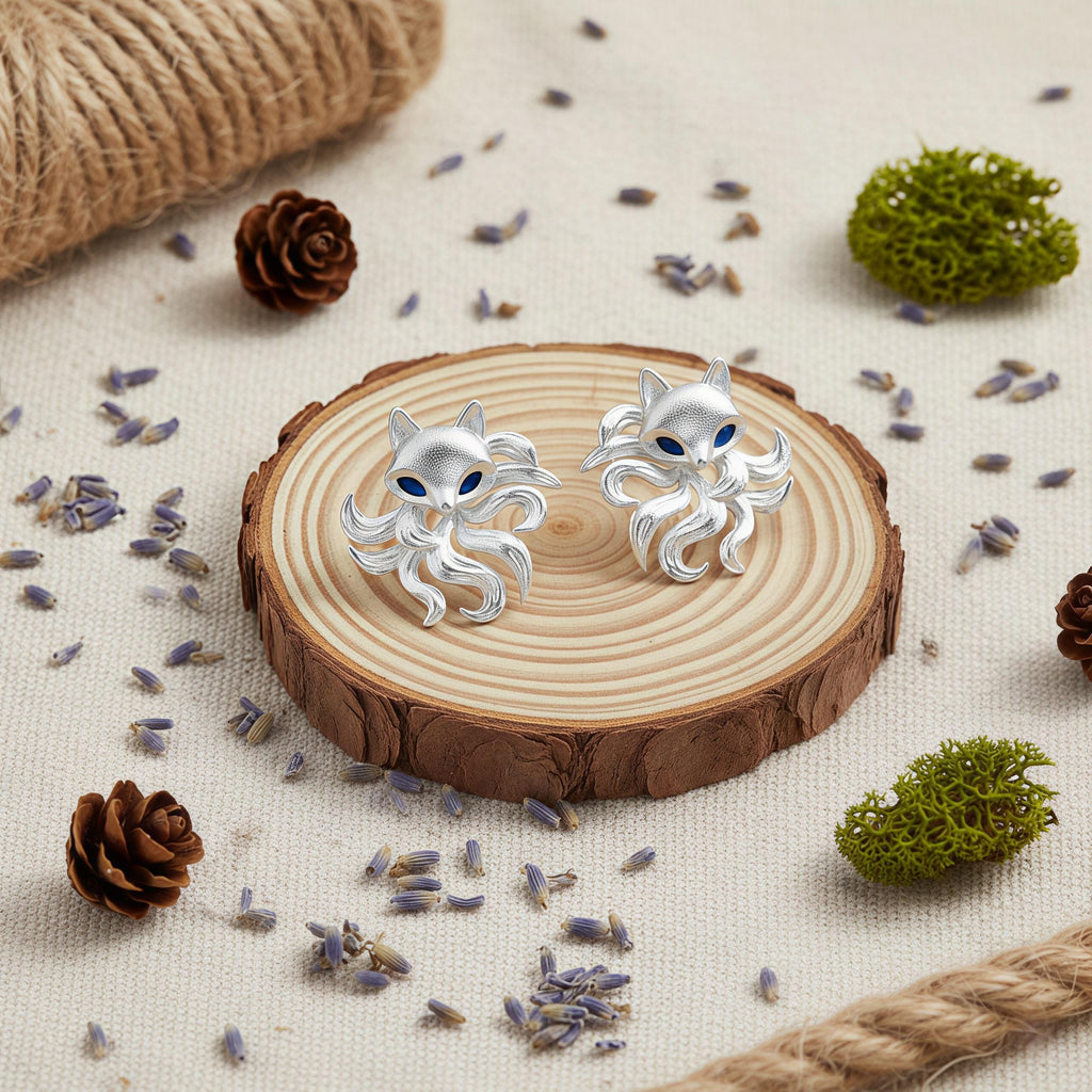 Matte Nine-Tailed Fox Stud Earrings – Silver Fox Earrings with Blue Zircon Eyes