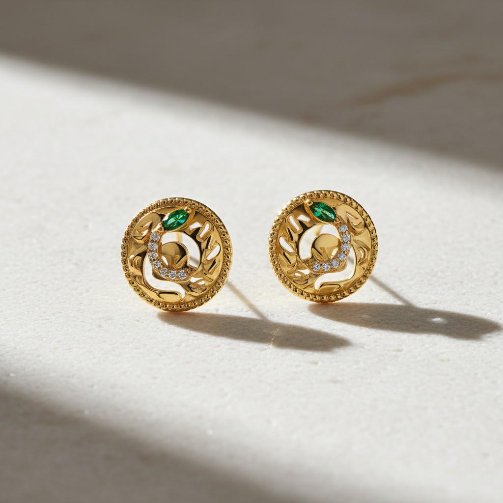 Emerald Serpent Earrings – Gold Plated Snake Earrings with Green Zircon