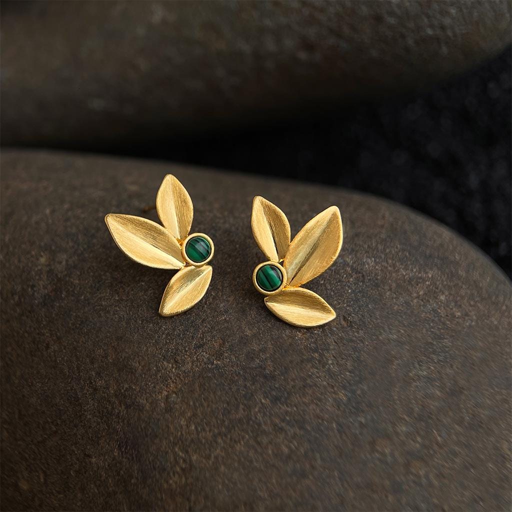 Sunlit Forest Gold Leaf Stud Earrings – 18K Gold Plated Leaf Earrings with Green Stone