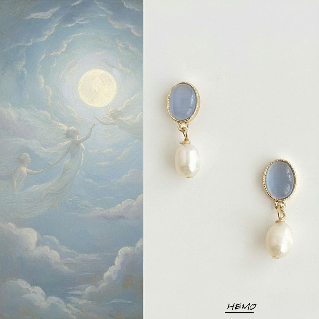 Moonlight Serenade Earrings – Gold Plated Blue Cat’s Eye Glass & Freshwater Pearl Earrings