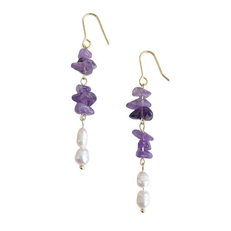 Lavender Garden Earrings – Raw Amethyst & Freshwater Pearl Long Dangle Earrings