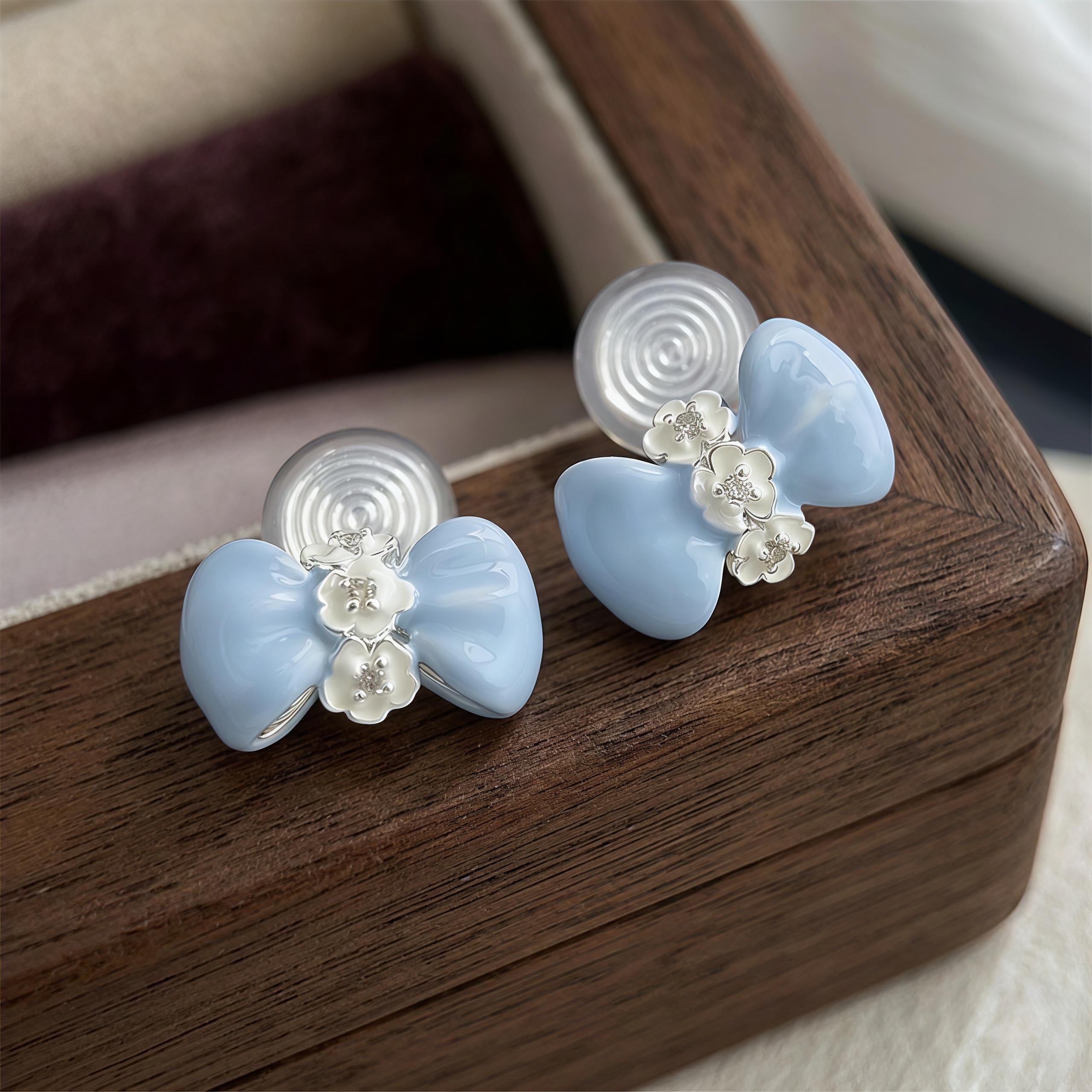 Blue Bow Flower Earrings – Enamel Zircon Studs & Clip On – 18K Gold Plated Ribbon Jewelry