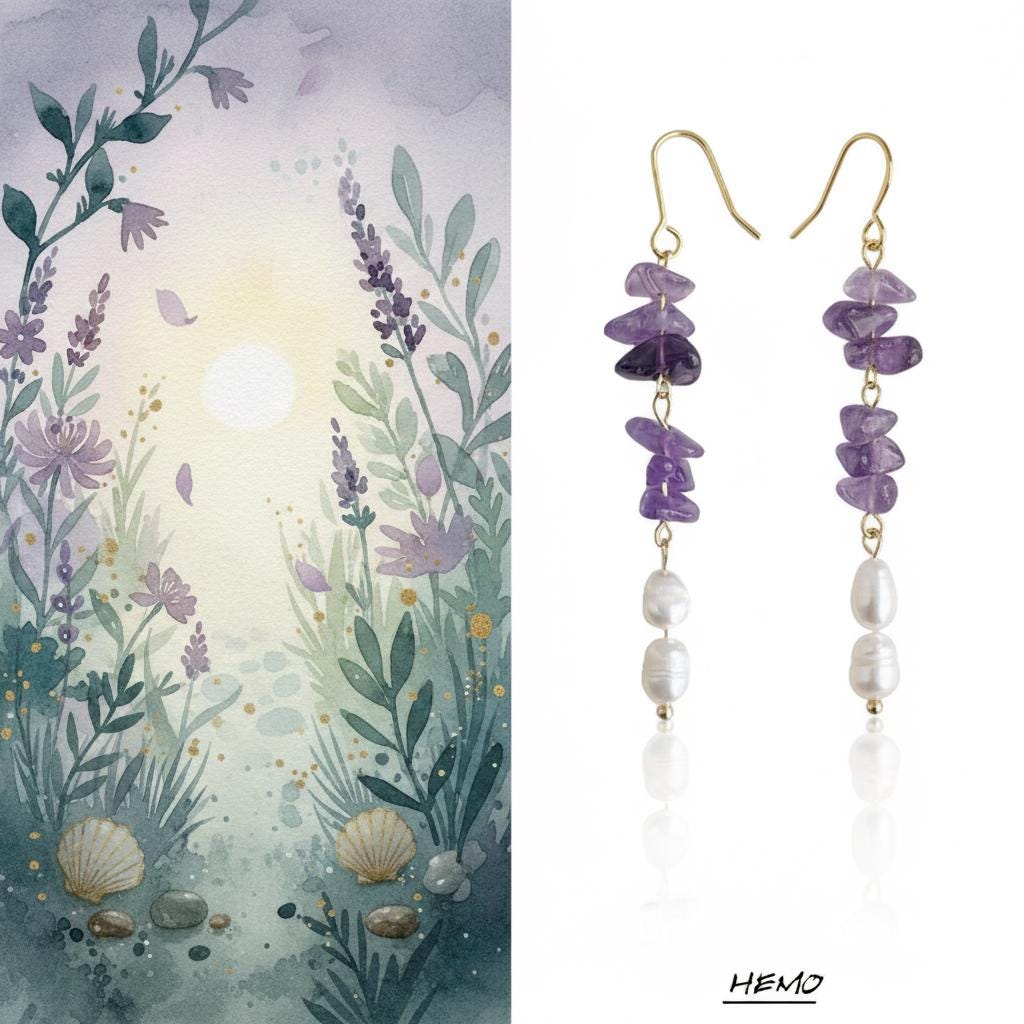 Lavender Garden Earrings – Raw Amethyst & Freshwater Pearl Long Dangle Earrings