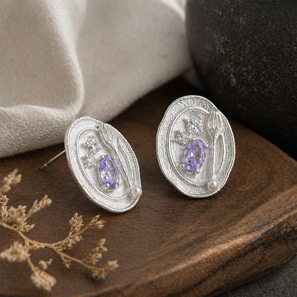 Silver Fork Earrings – Purple Gemstone & Pearl Utensil Stud Earrings