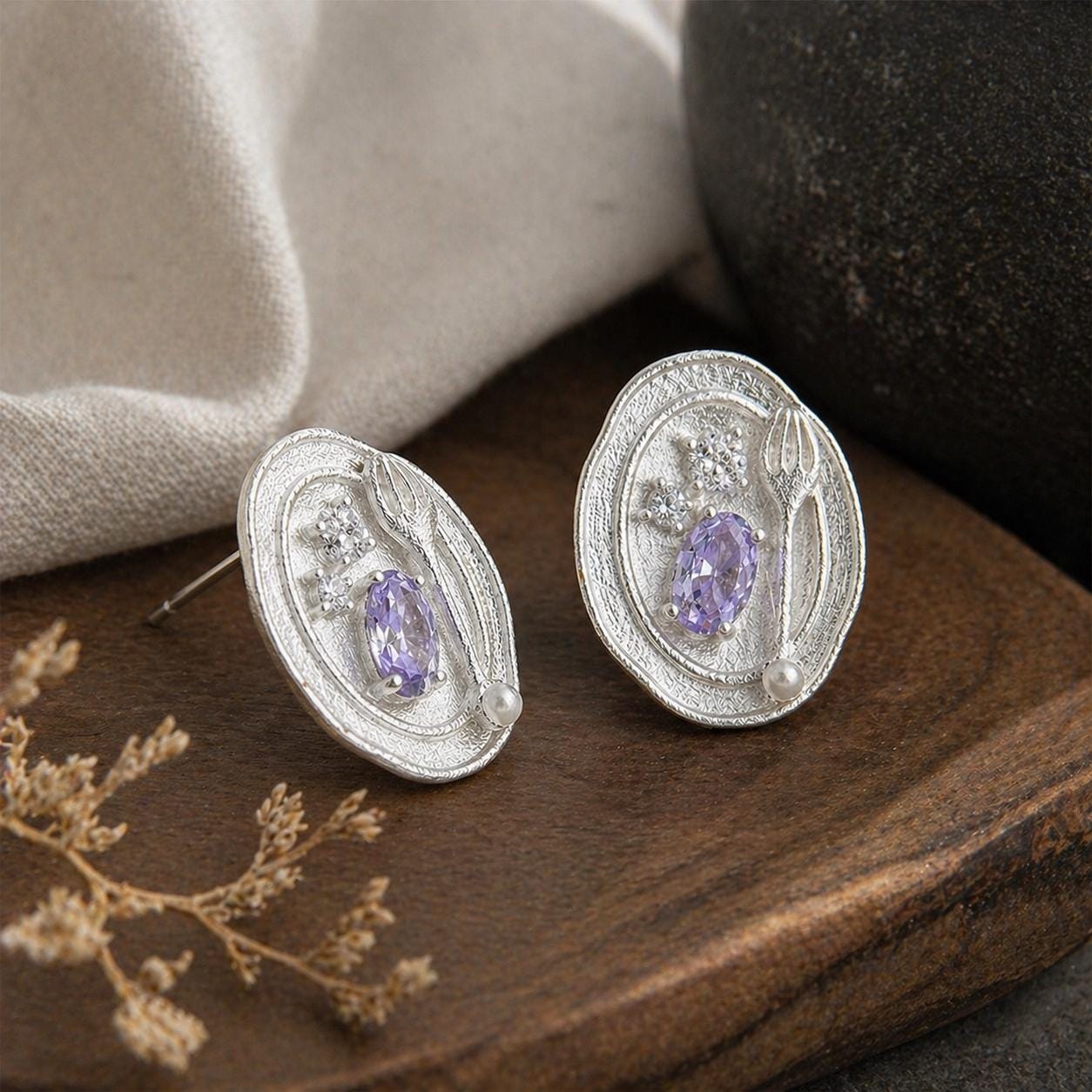 Silver Fork Earrings – Purple Gemstone & Pearl Utensil Stud Earrings