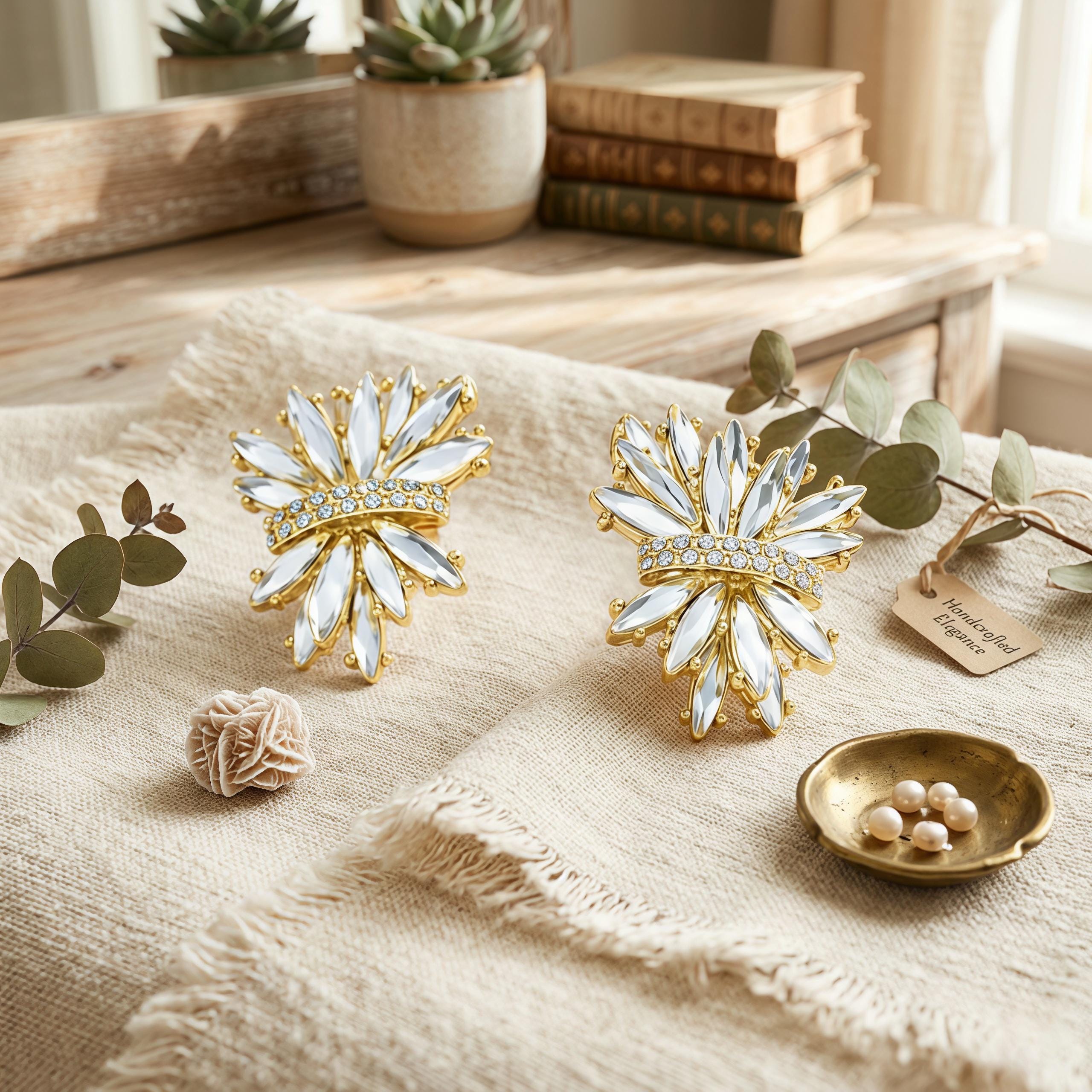 French Vintage Crystal Flower Earrings – Champagne & Clear Ice Bloom Statement Studs