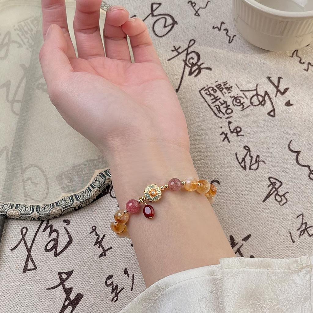 Golden Rutilated Quartz & Strawberry Quartz Bracelet - Guardian Collection | Healing Crystal Stretch