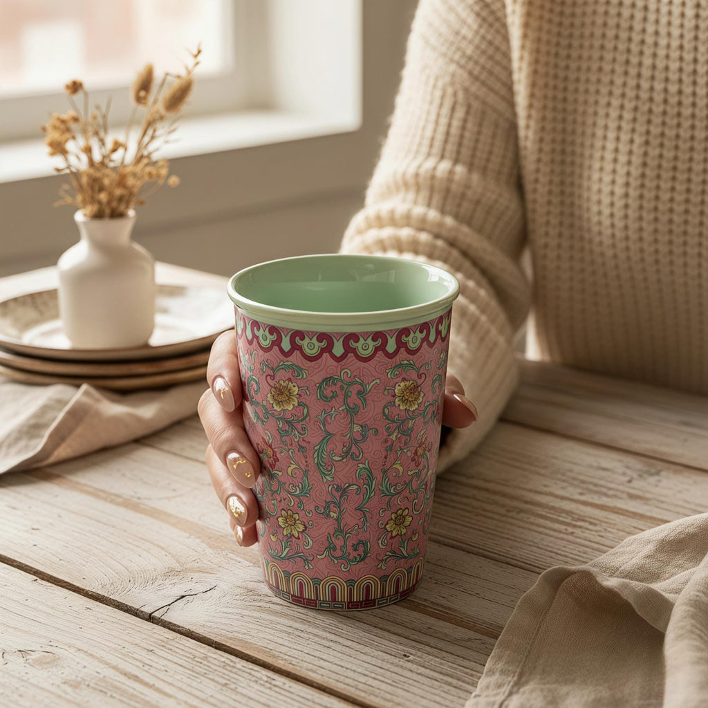 Vintage Famille Rose Ceramic Mug | Chinoiserie Floral Tea Cup