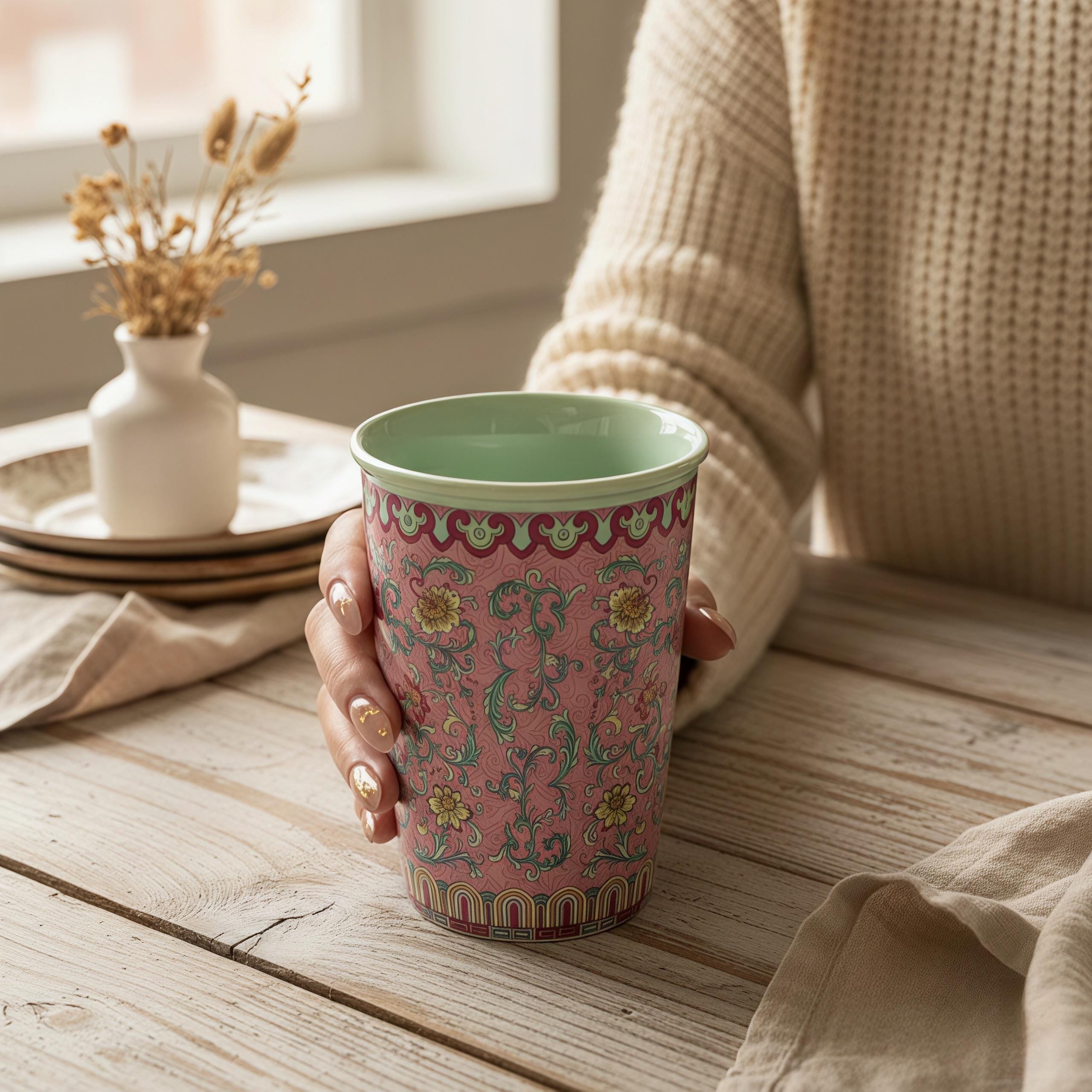 Vintage Famille Rose Ceramic Mug | Chinoiserie Floral Tea Cup