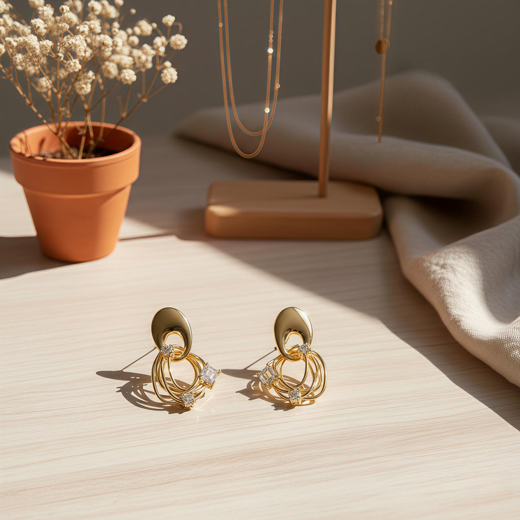 Abstract Geometric Orbital Stud Earrings – 18K Gold Plated Modern Art Earrings