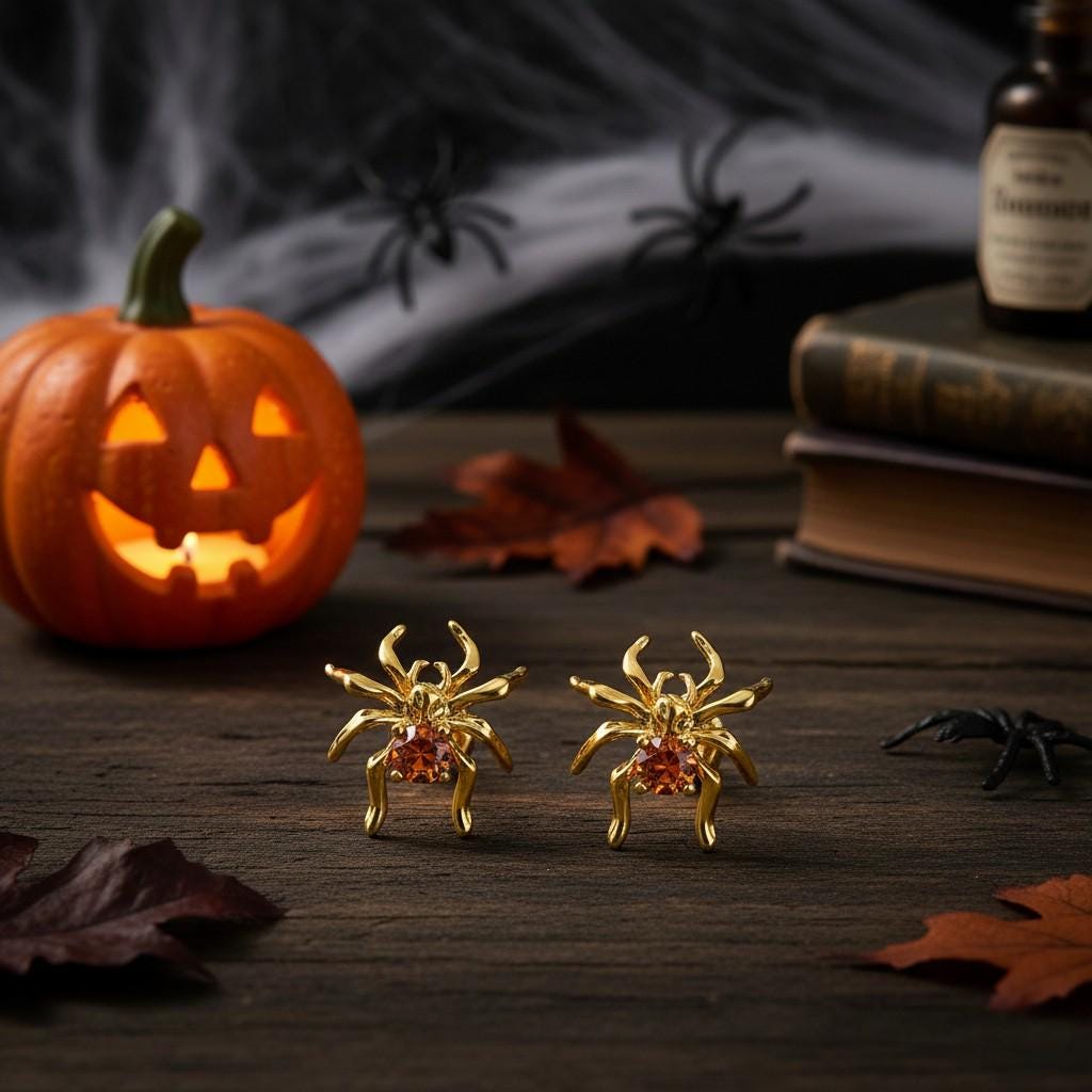 Moonlit Forest Gold Spider Stud Earrings – Mystical Spider Earrings